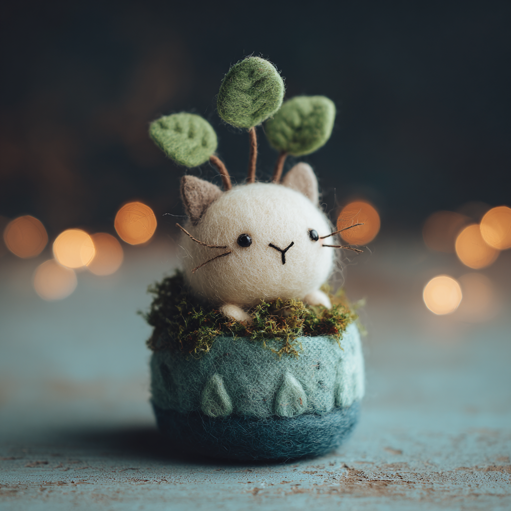 Felted Wool Cat with Leafy Sprouts Photo