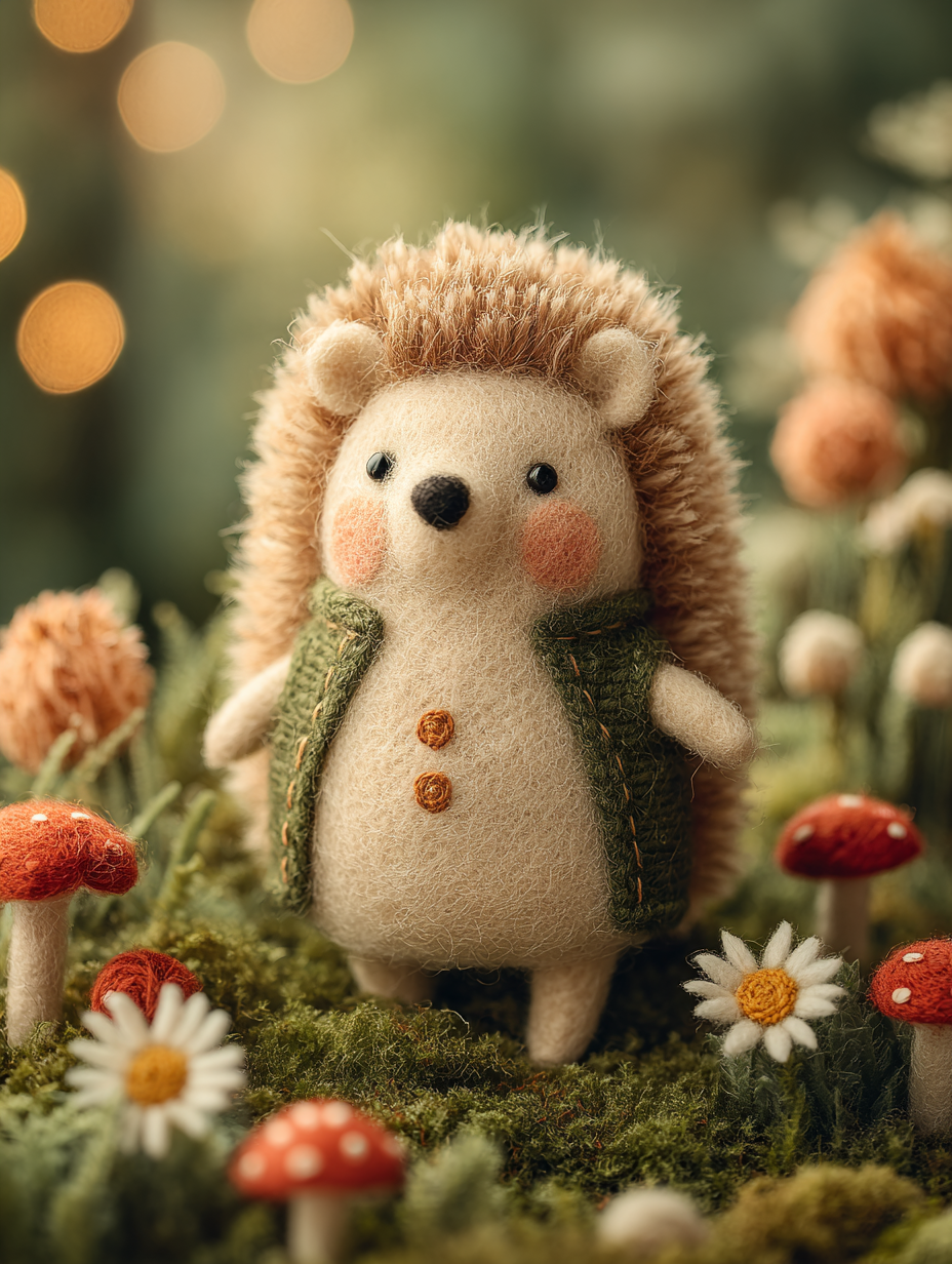 Felt Hedgehog Meadow Close-Up