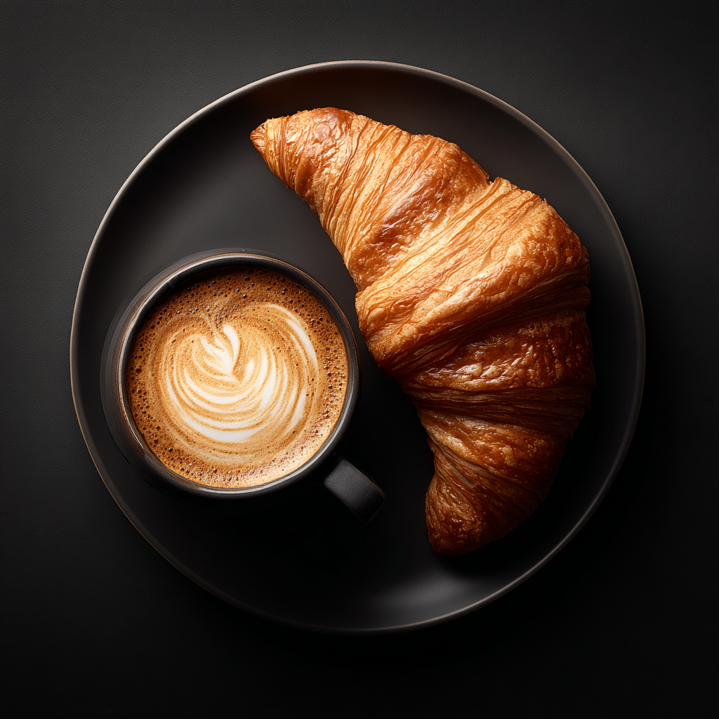 Cinematic Croissant and Cappuccino Flat Lay Photo