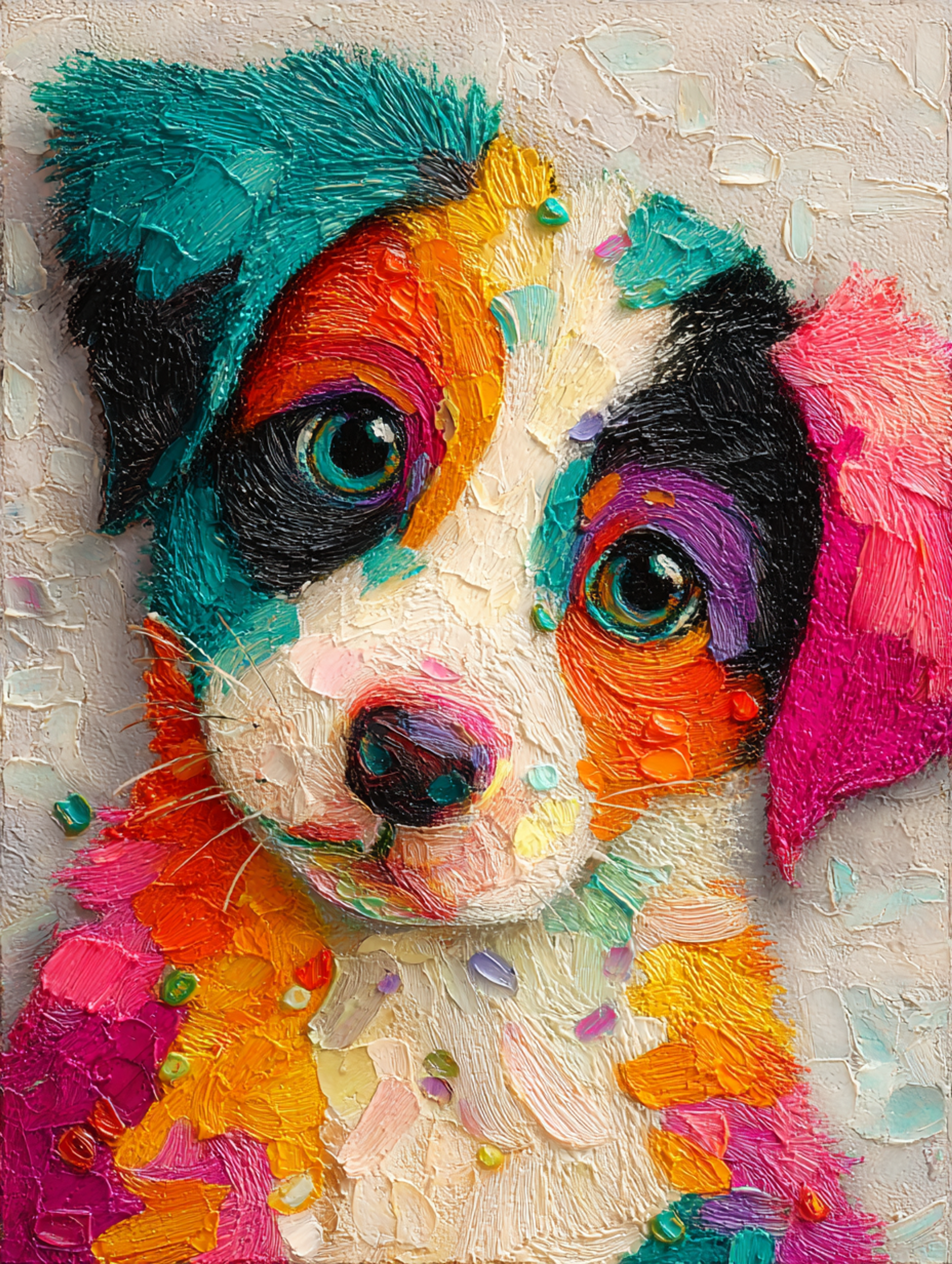 Vibrant Textured Impasto Oil Playful Puppy Painting
