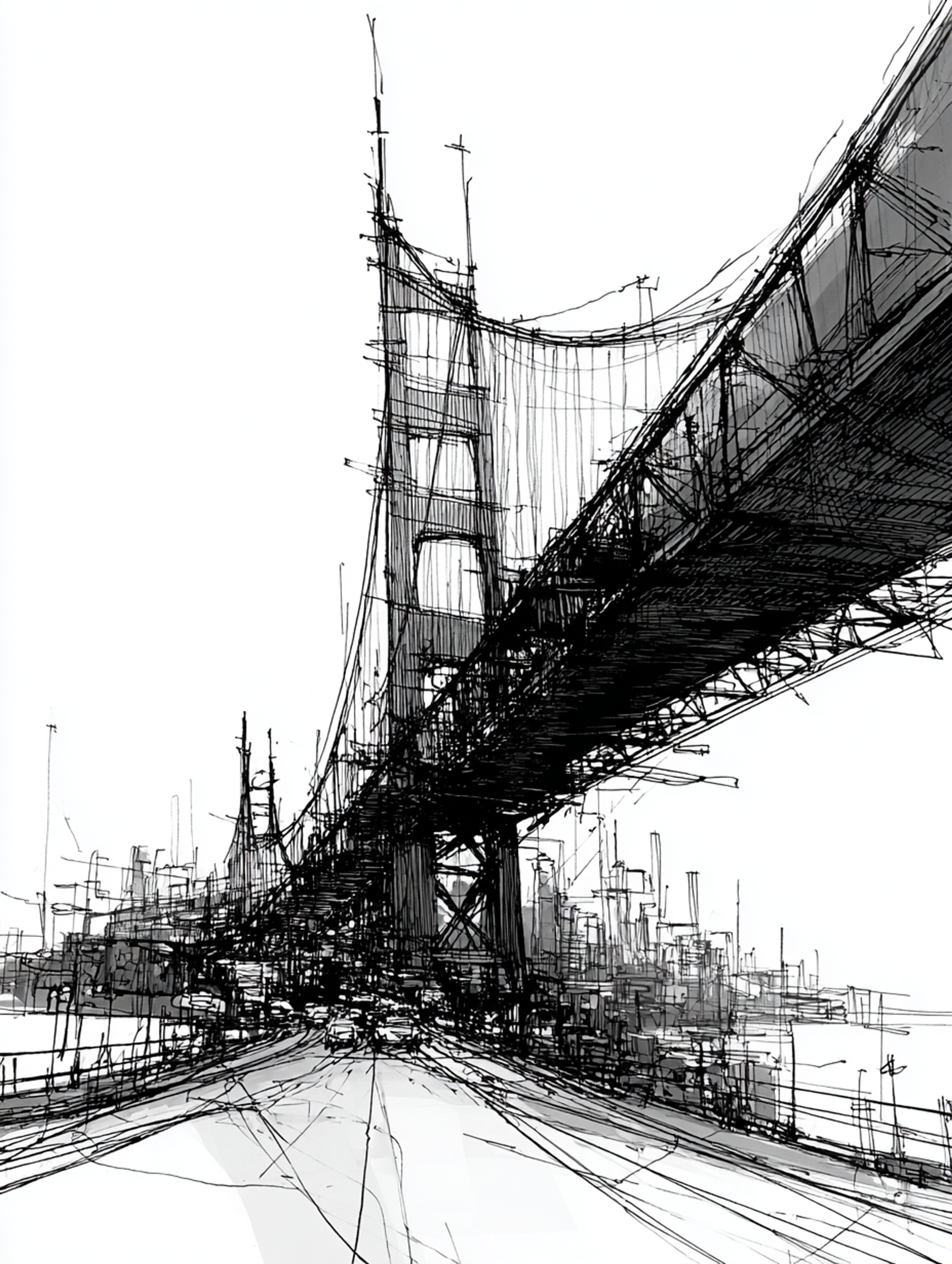 Expressive Black Ink Steel Bridge Sketch