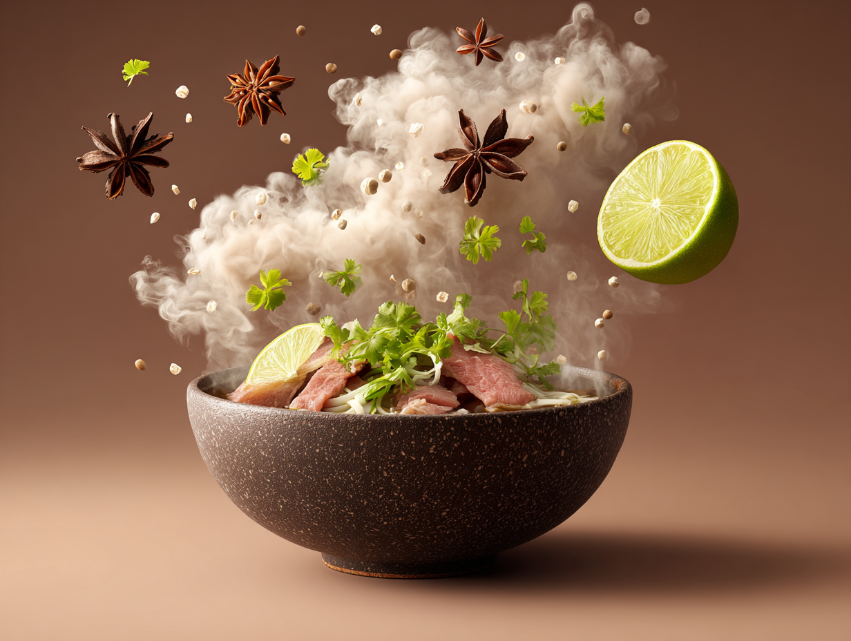 Sophisticated Steaming Bowl of Pho Soup Advertisement Photo