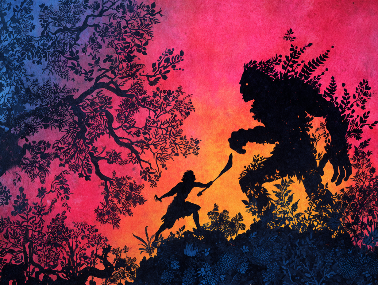 Silhouette Lone Figure Battling Giant Colossus Illustration