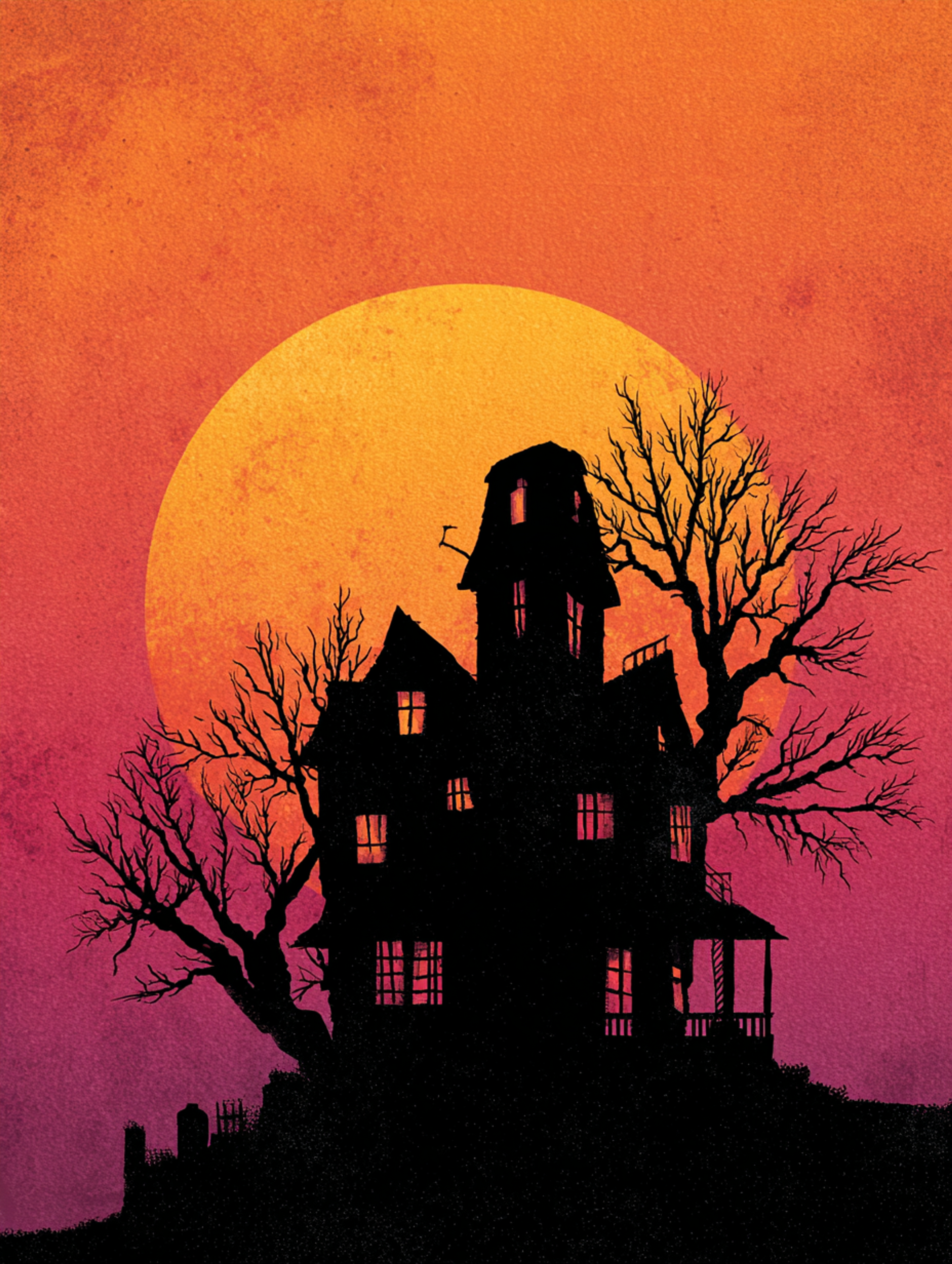 Spooky Haunted House Under a Full Moon Silhouette Illustration