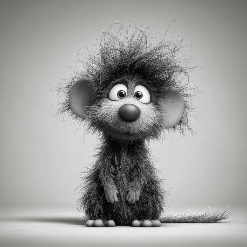 Black and White Shaggy Mouse Cartoon Portrait