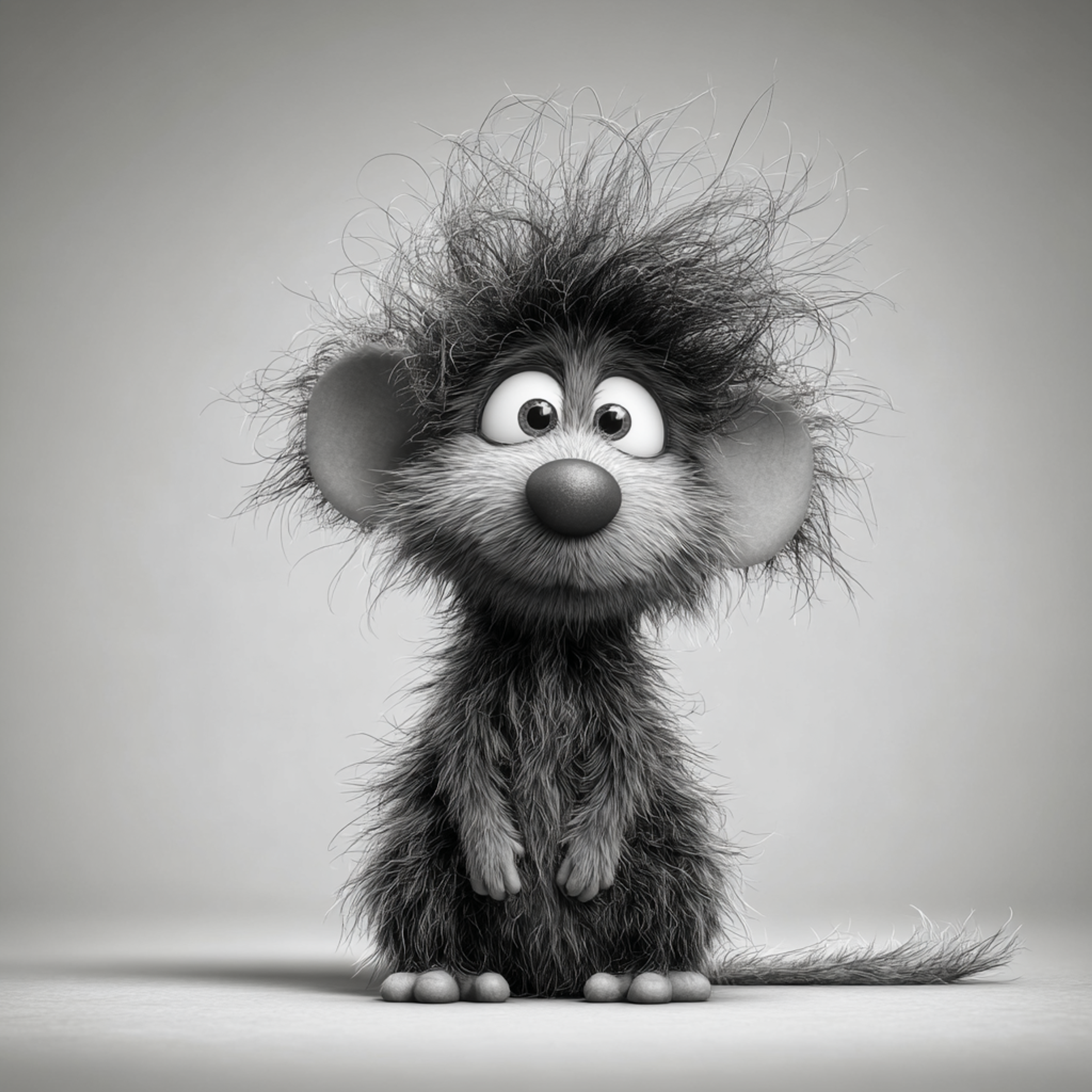 Black and White Shaggy Mouse Cartoon Portrait