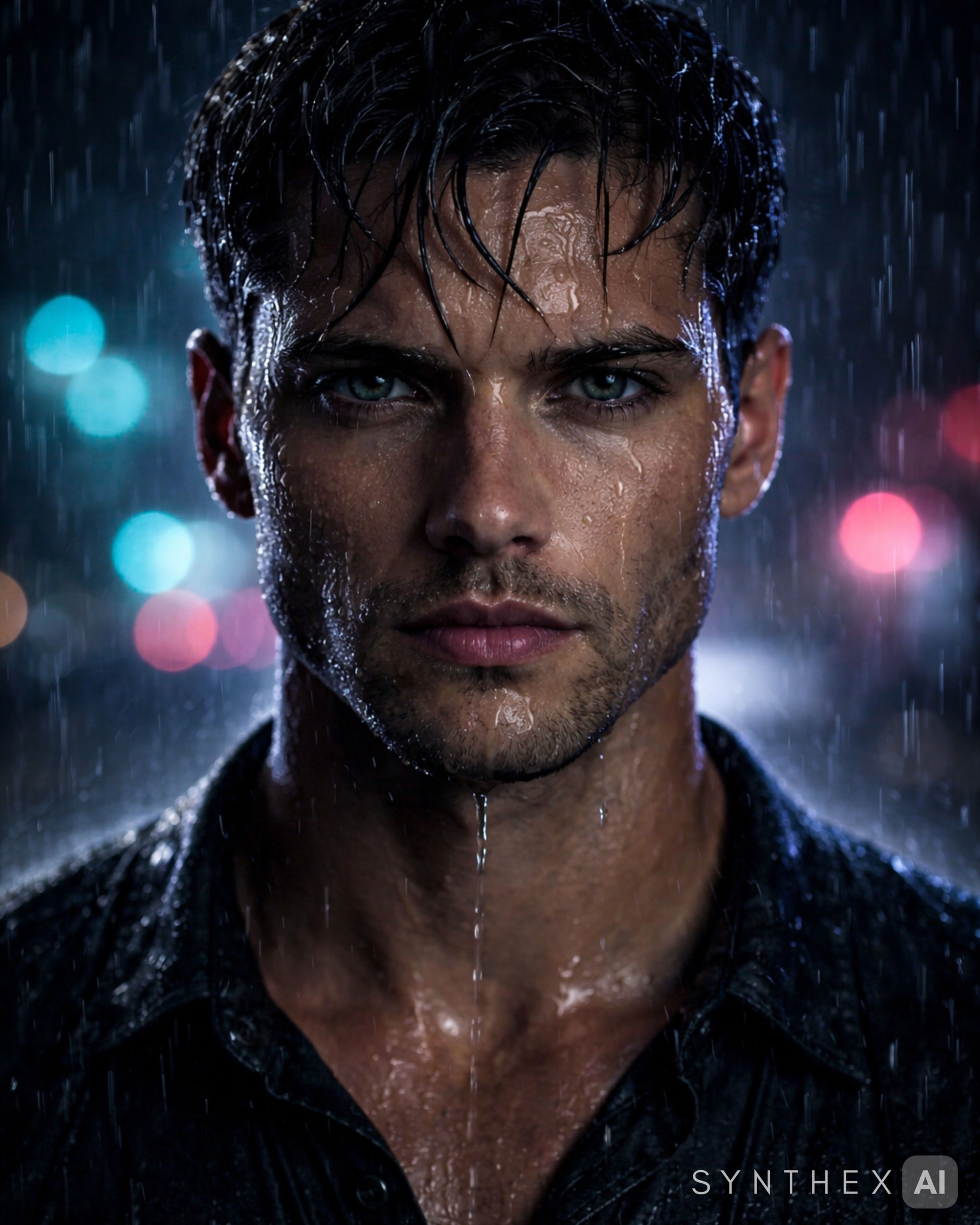 Generate Torrential Rain Neon Portraits