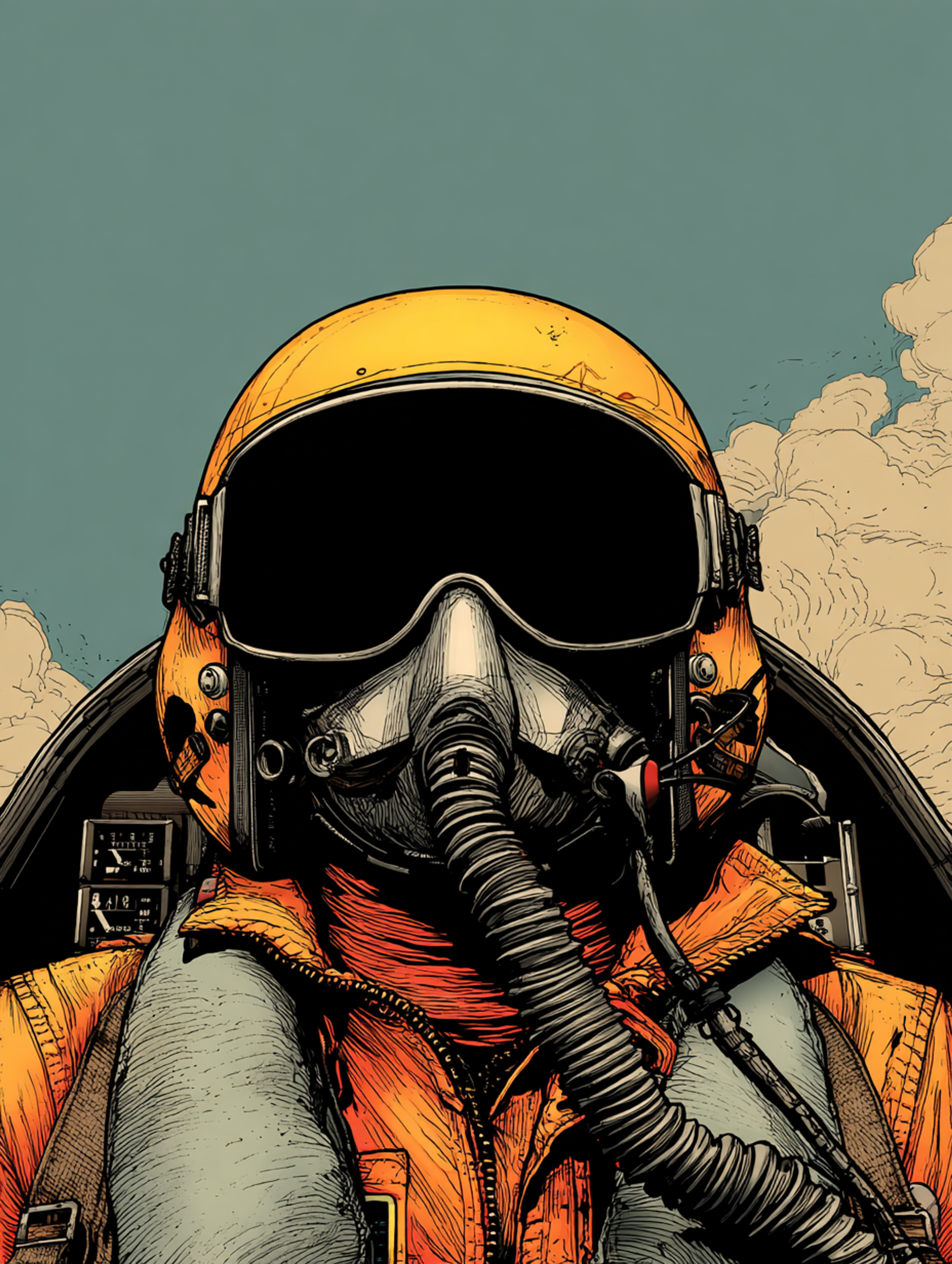 Gritty Comic Book Fighter Pilot in a Cockpit Illustration