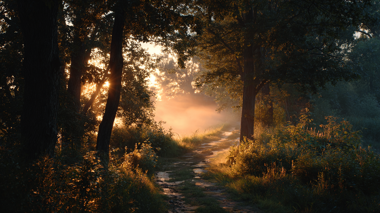 Cinematic Sunrise Forest Trail Scene
