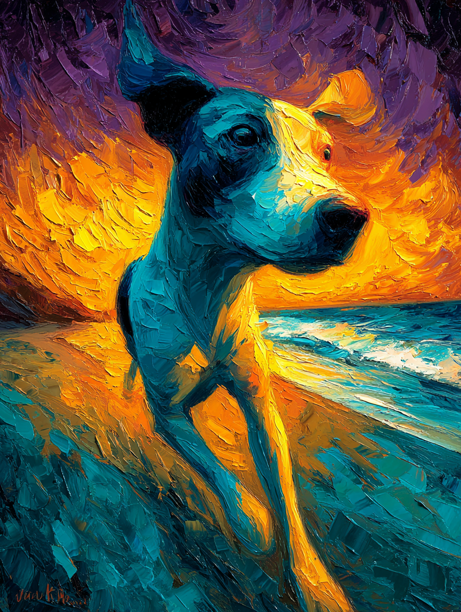 Vibrant Painterly Dog Running on Beach Painting