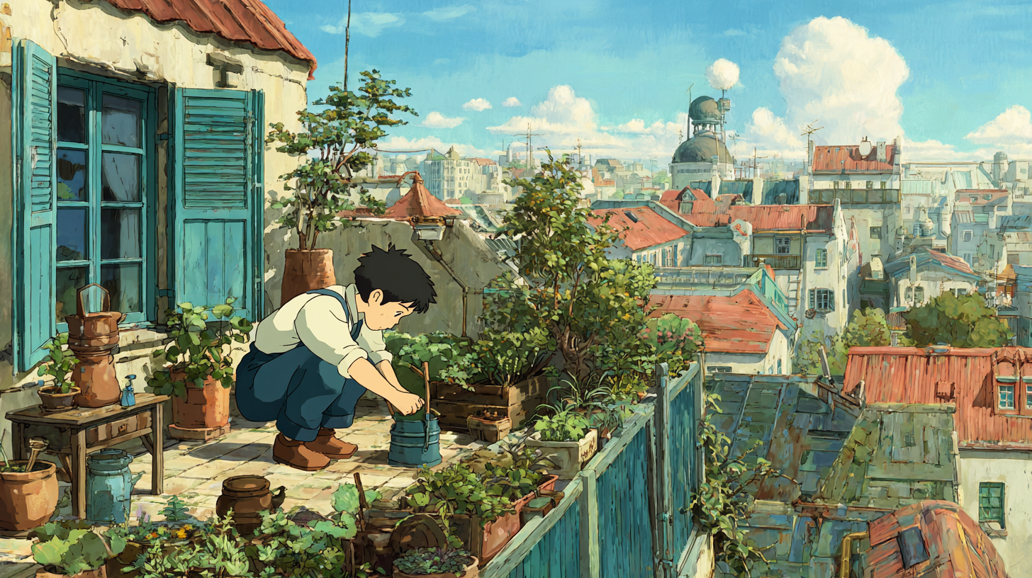 Ghibli Style Rooftop Garden Anime Scene