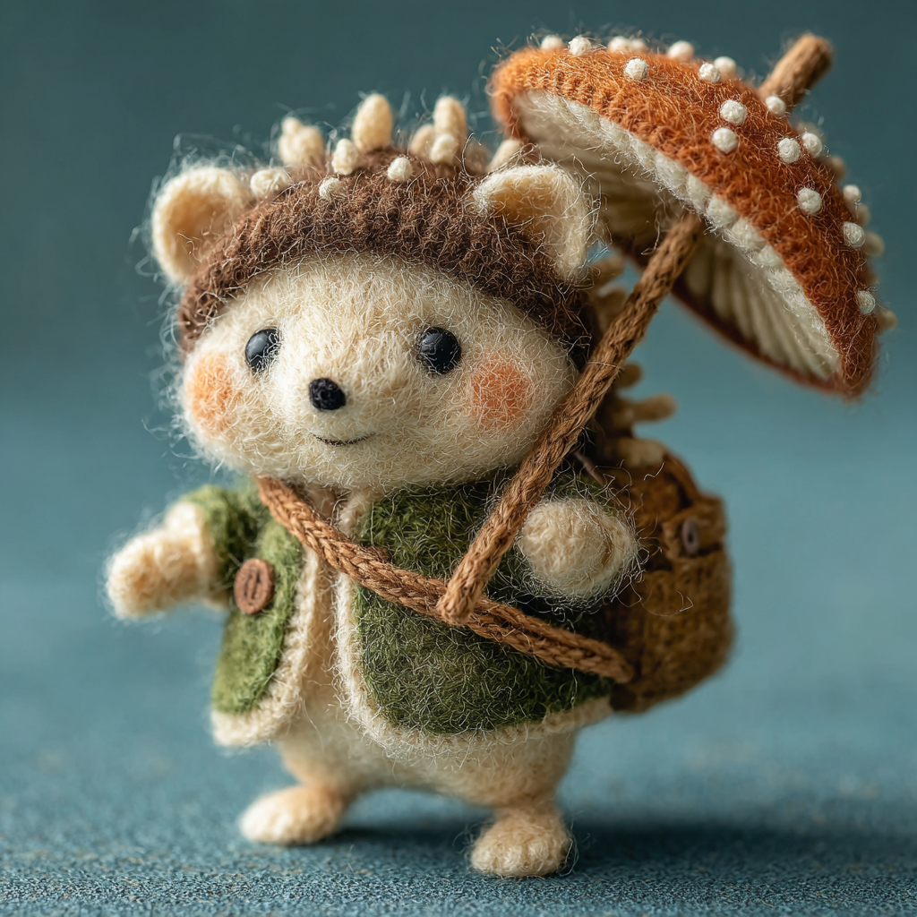 Tiny Felted Hedgehog with Mushroom Umbrella Composition 2