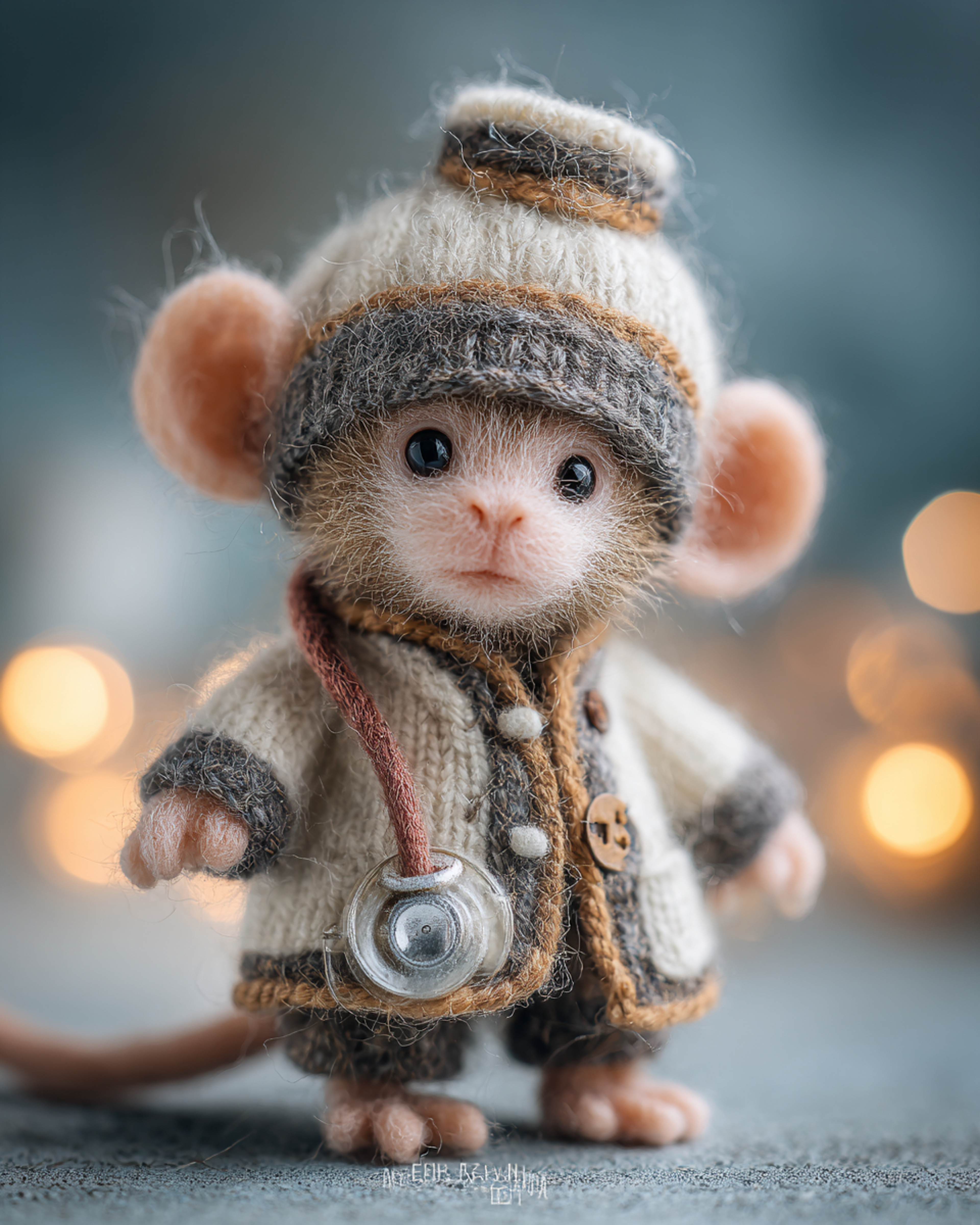 Felted Baby Monkey Doctor Diorama