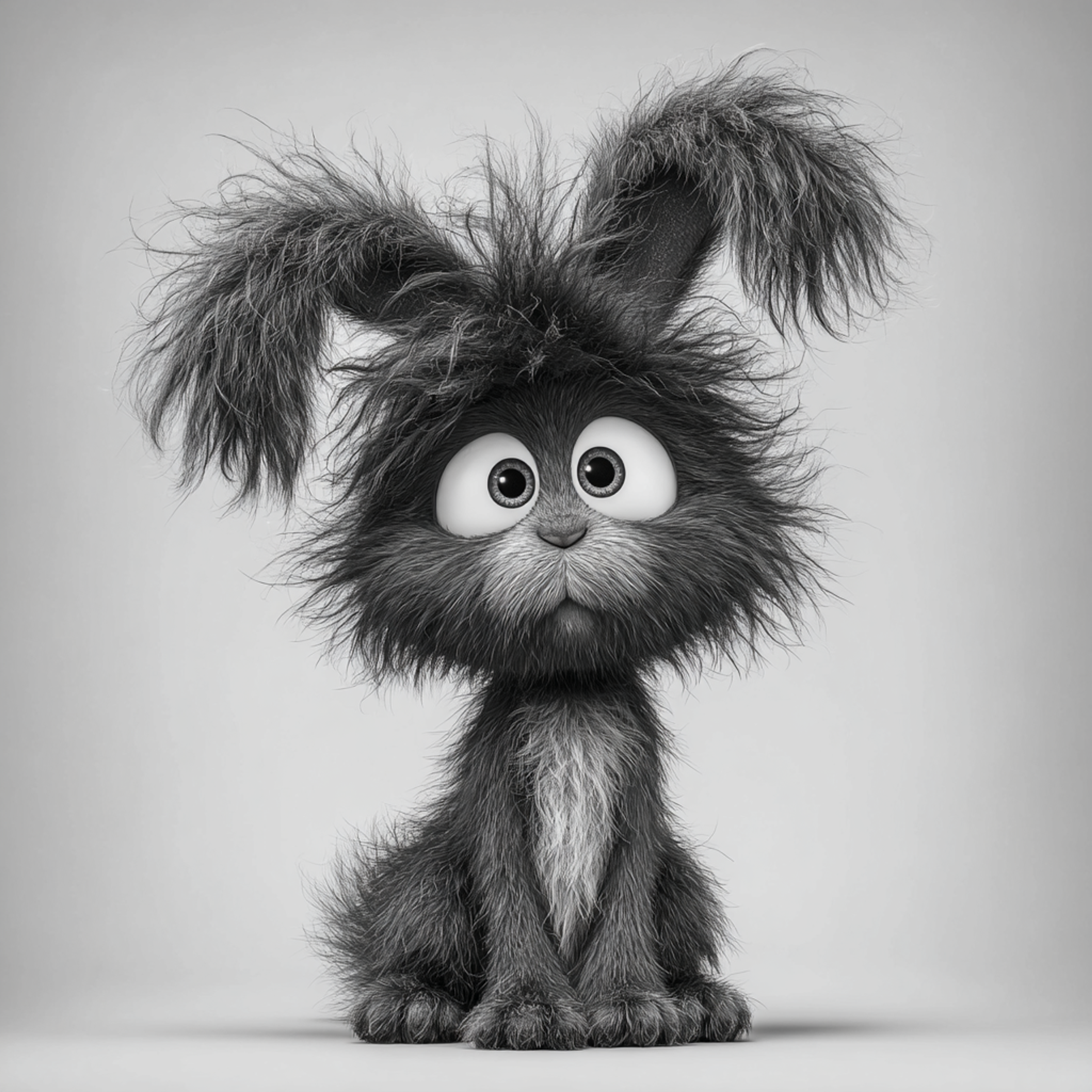 Black and White Shaggy Bunny Cartoon Portrait