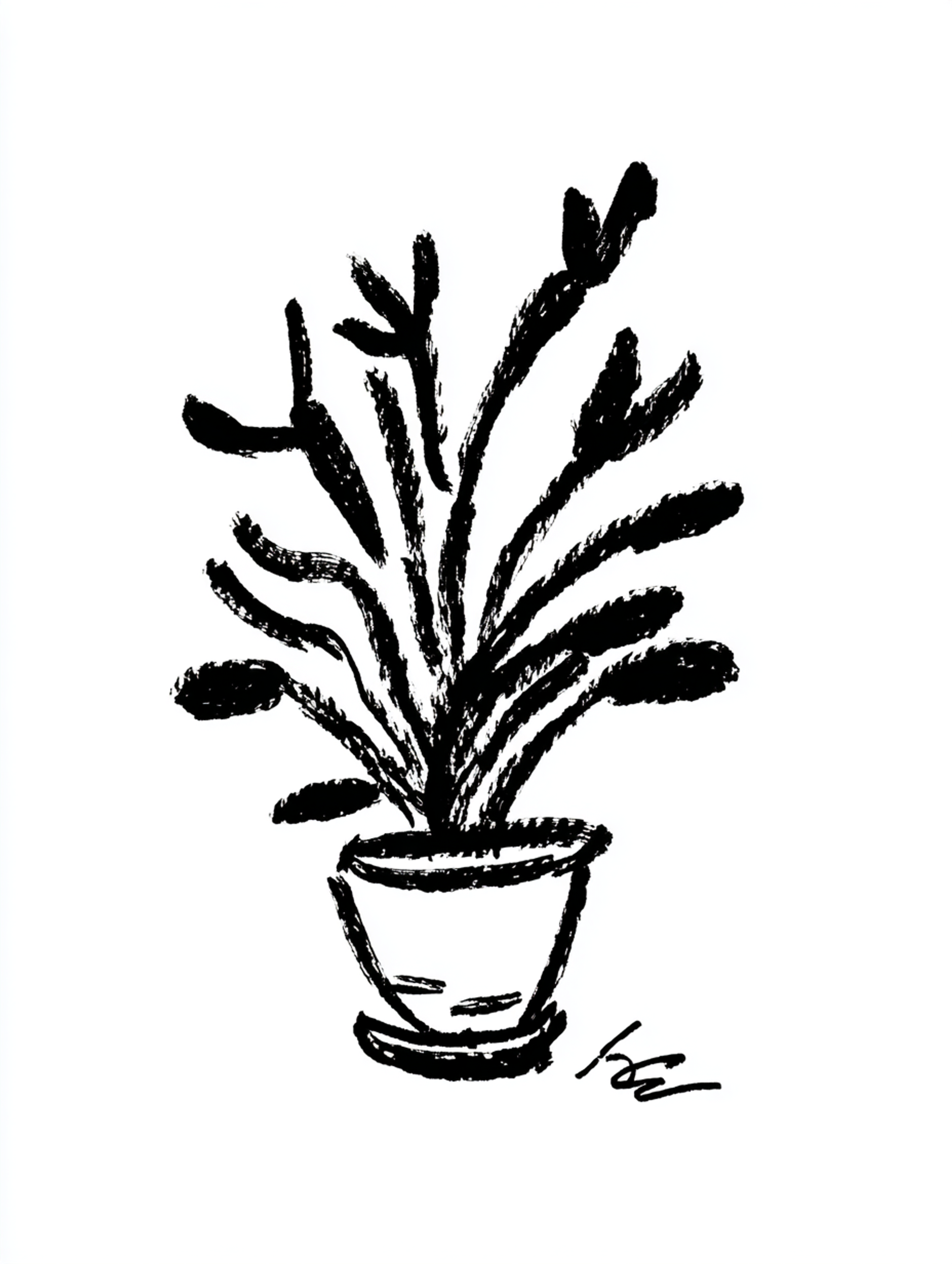 Rough Black Marker Potted Plant Sketch