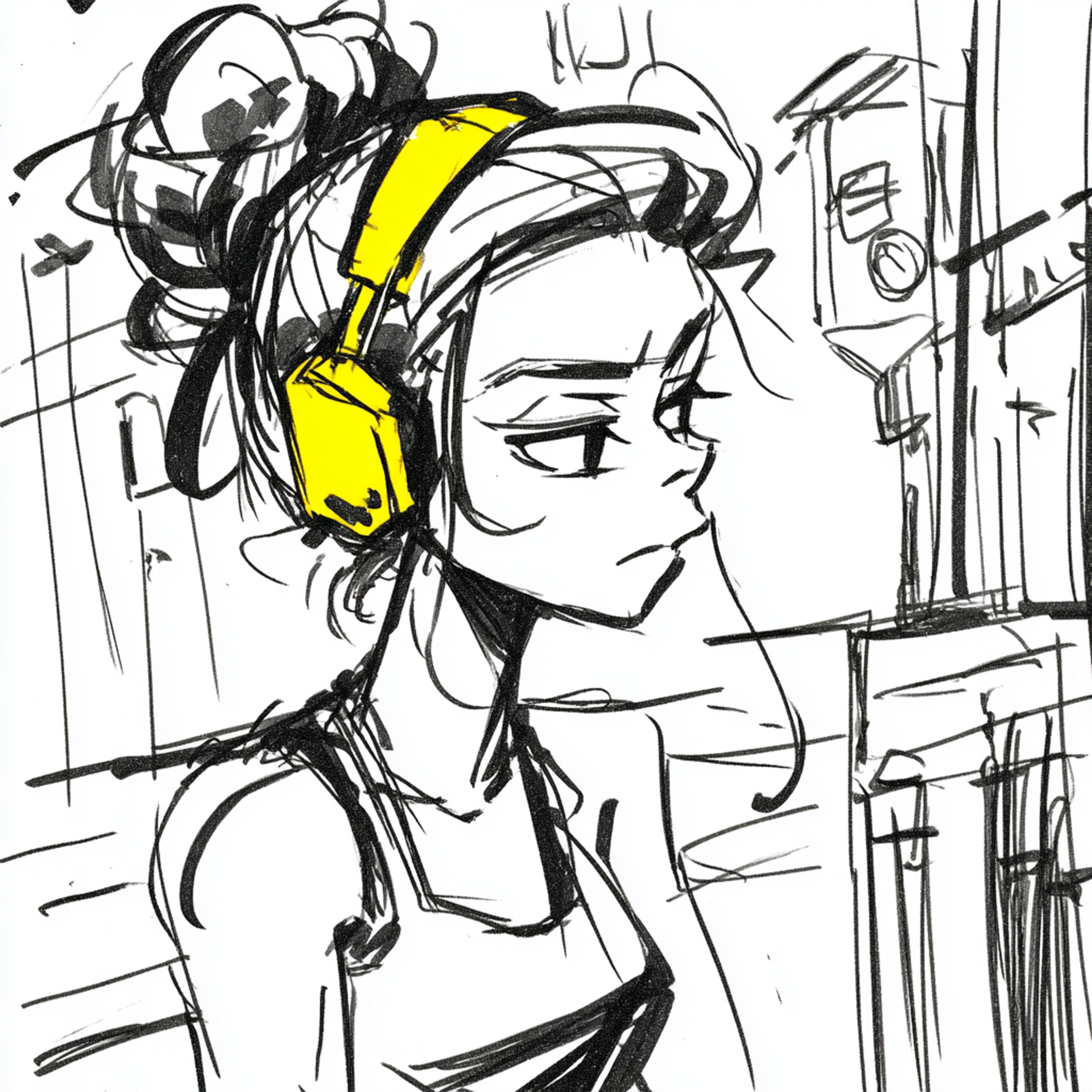 Bold Outline Girl with Headphones Illustration