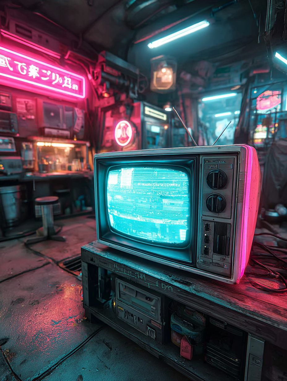 Cinematic Cyberpunk Old Analog Television Set Scene