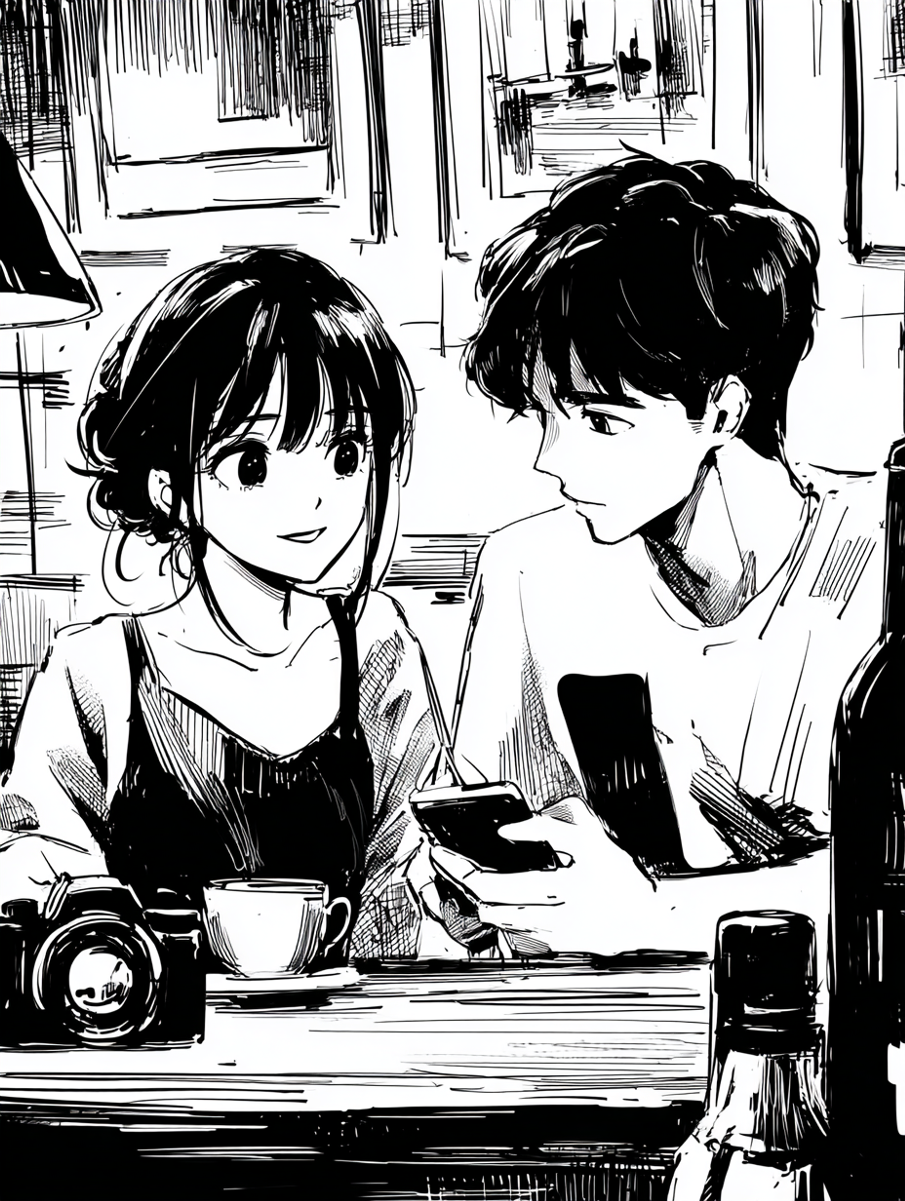 High-Contrast Manga Couple Illustration