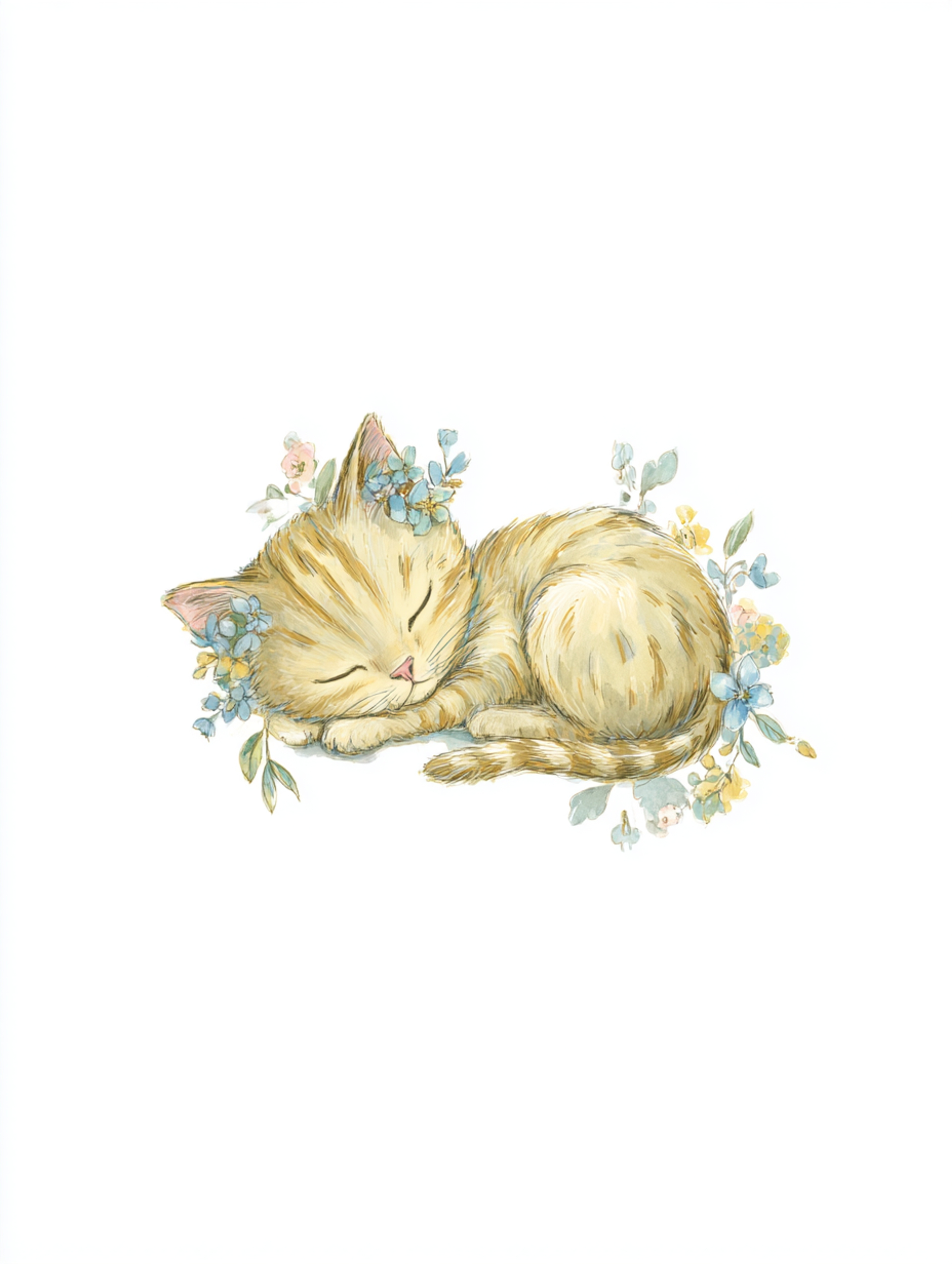 Gentle Watercolor Sleeping Cat Illustration