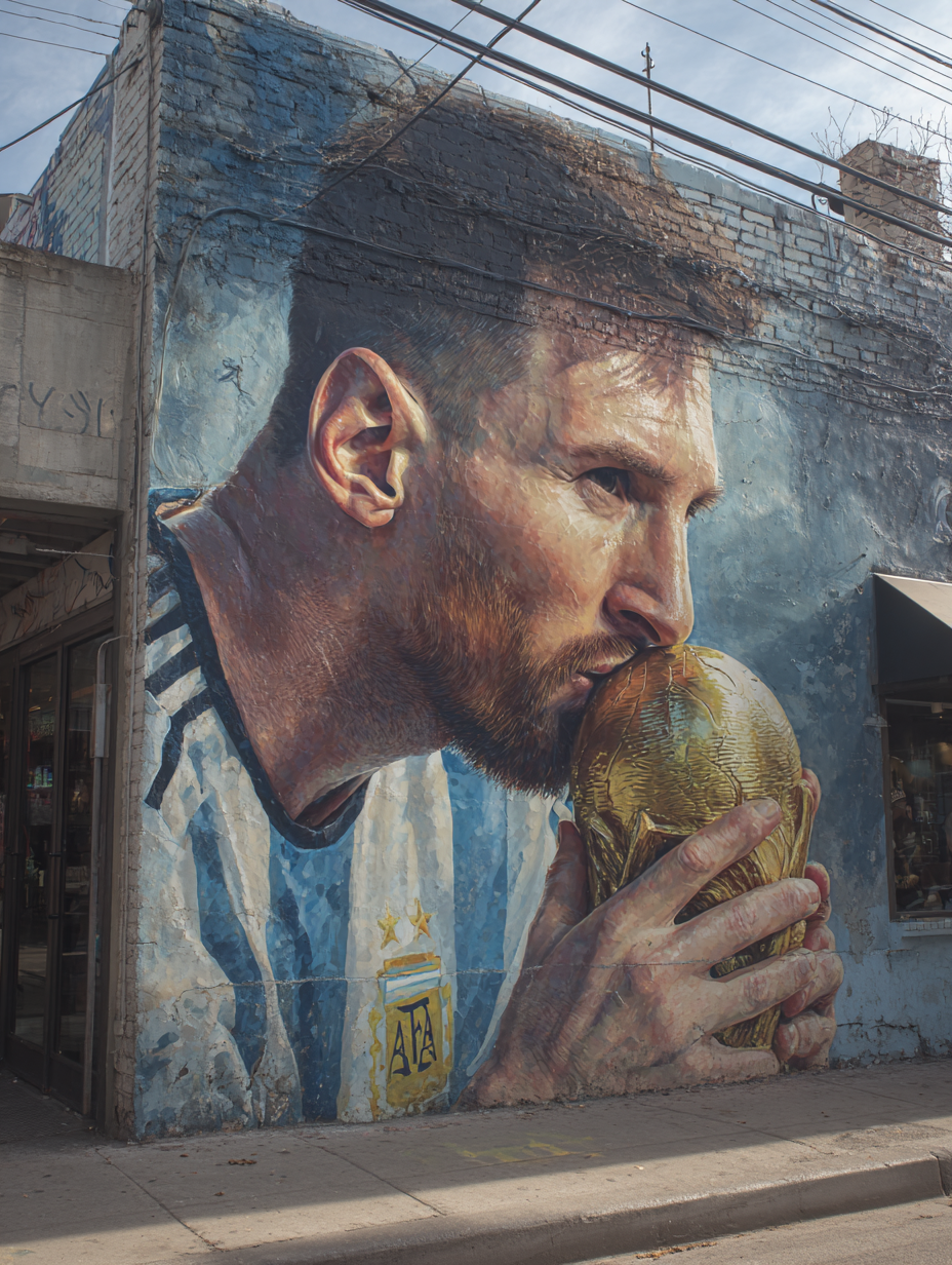 Photorealistic Lionel Messi Kissing World Cup Graffiti Mural