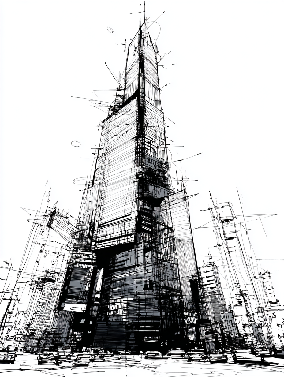 Expressive Black Ink Modern Skyscraper Sketch