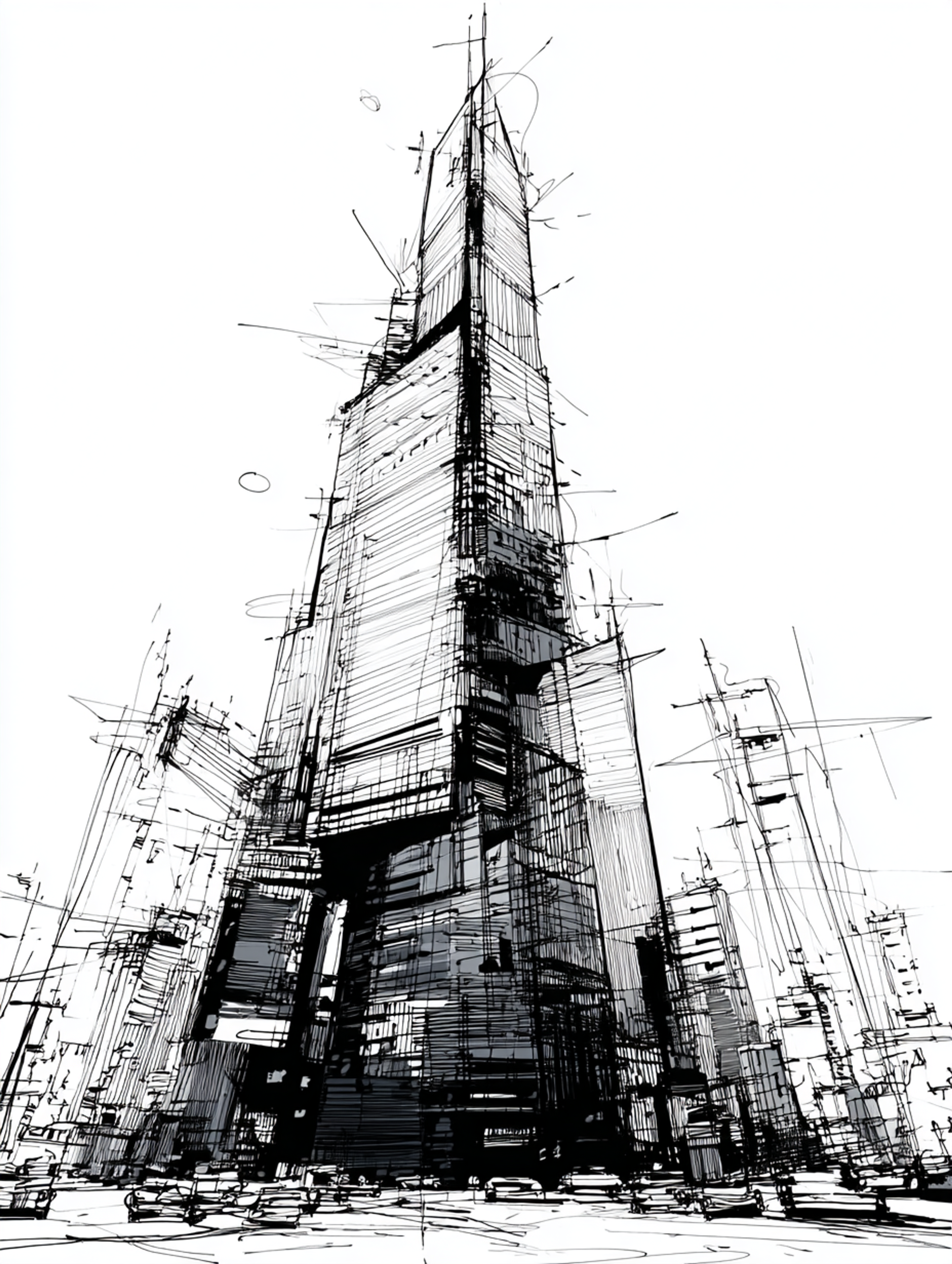 Expressive Black Ink Modern Skyscraper Sketch