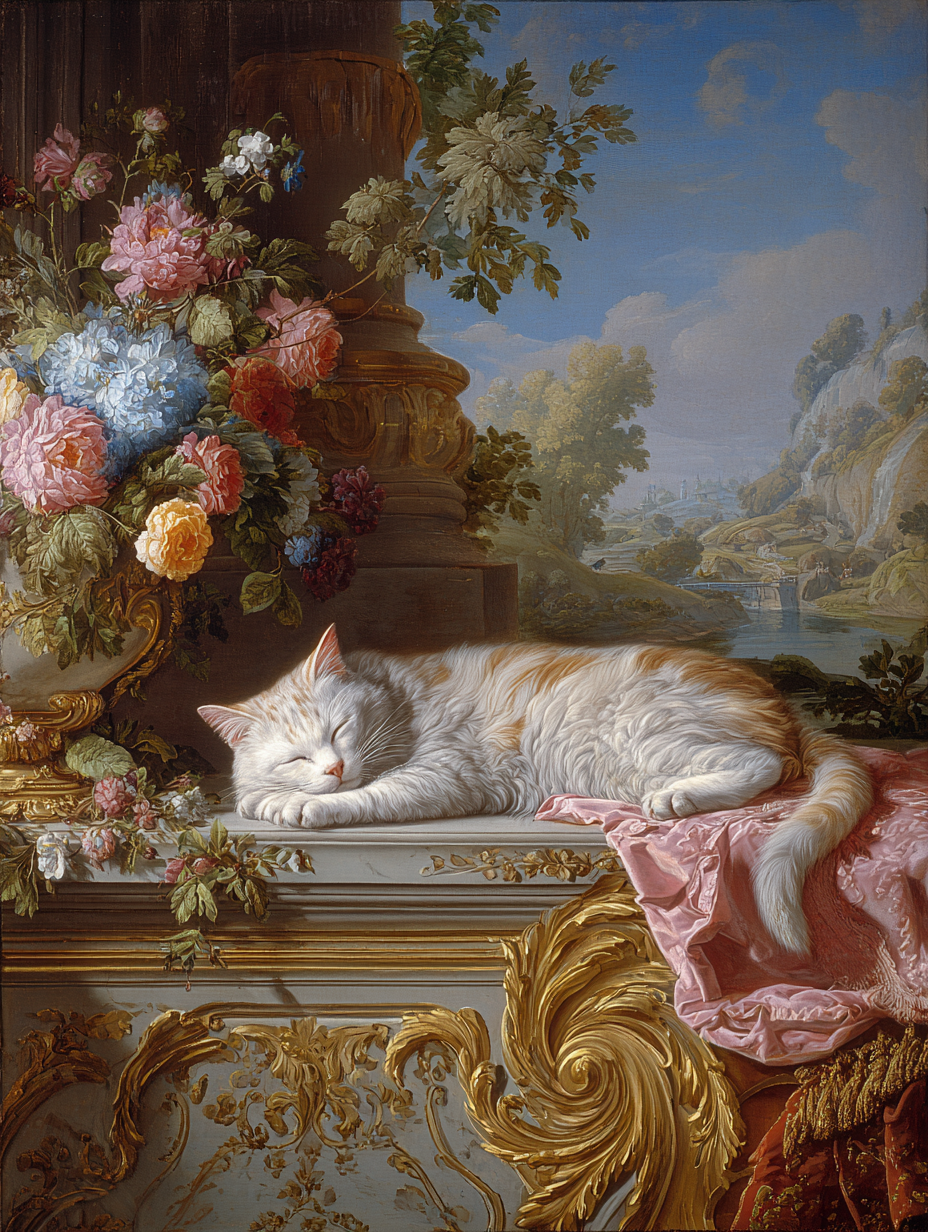 Rococo Classical Sleeping Cat Painting