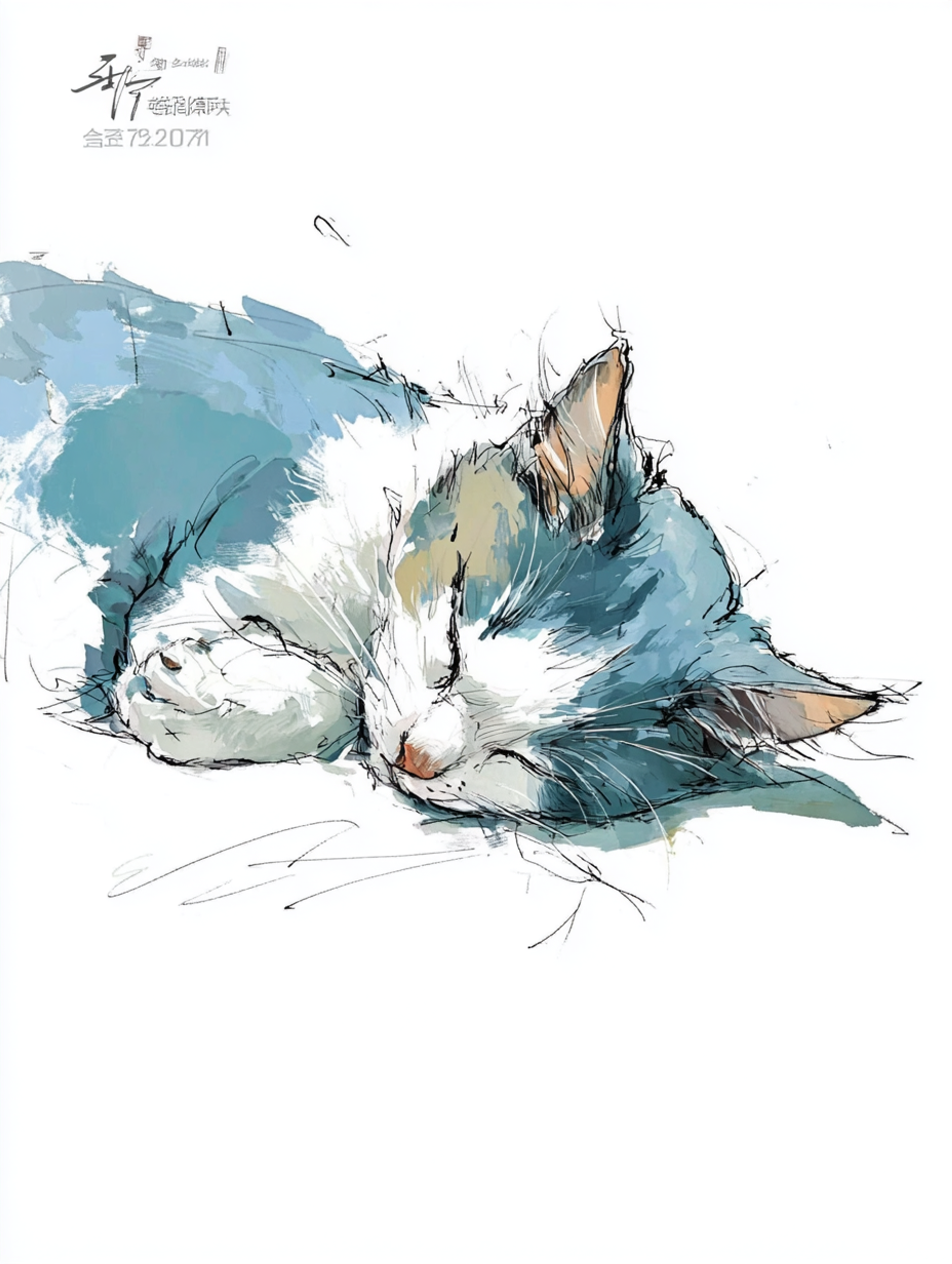 Blue Watercolor Sleeping Cat Sketch