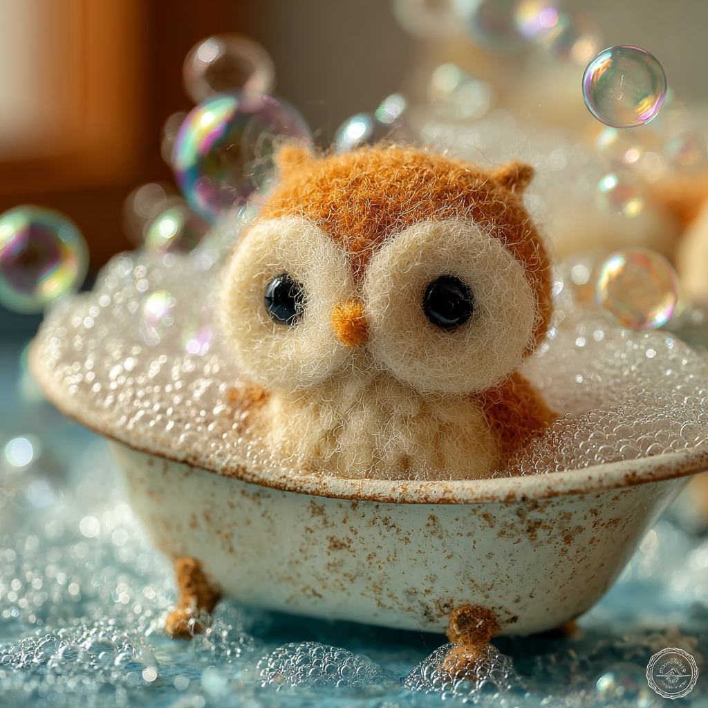 Tiny Needle-felted Owl Having Bath Felted Figure
