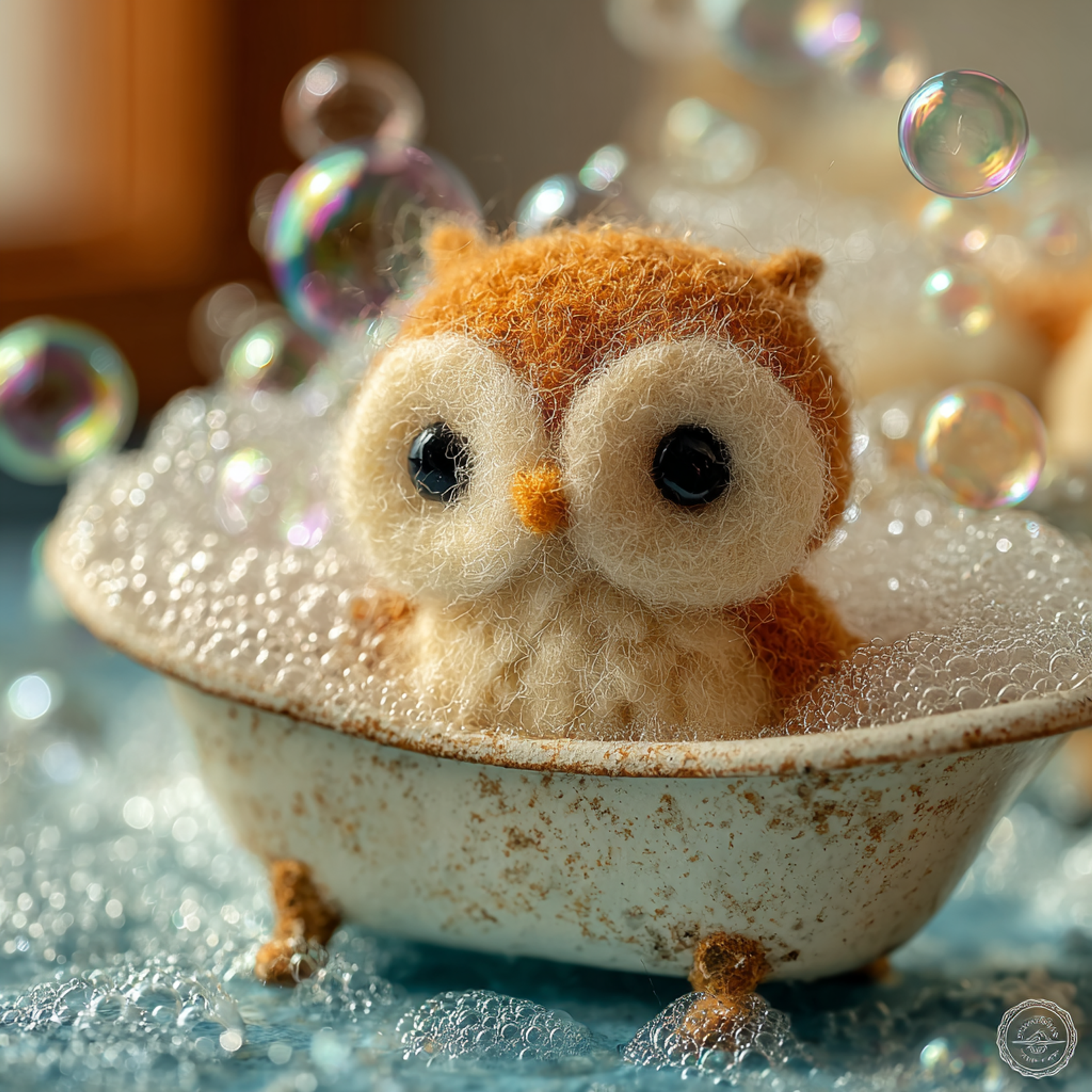 Tiny Needle-felted Owl Having Bath Felted Figure
