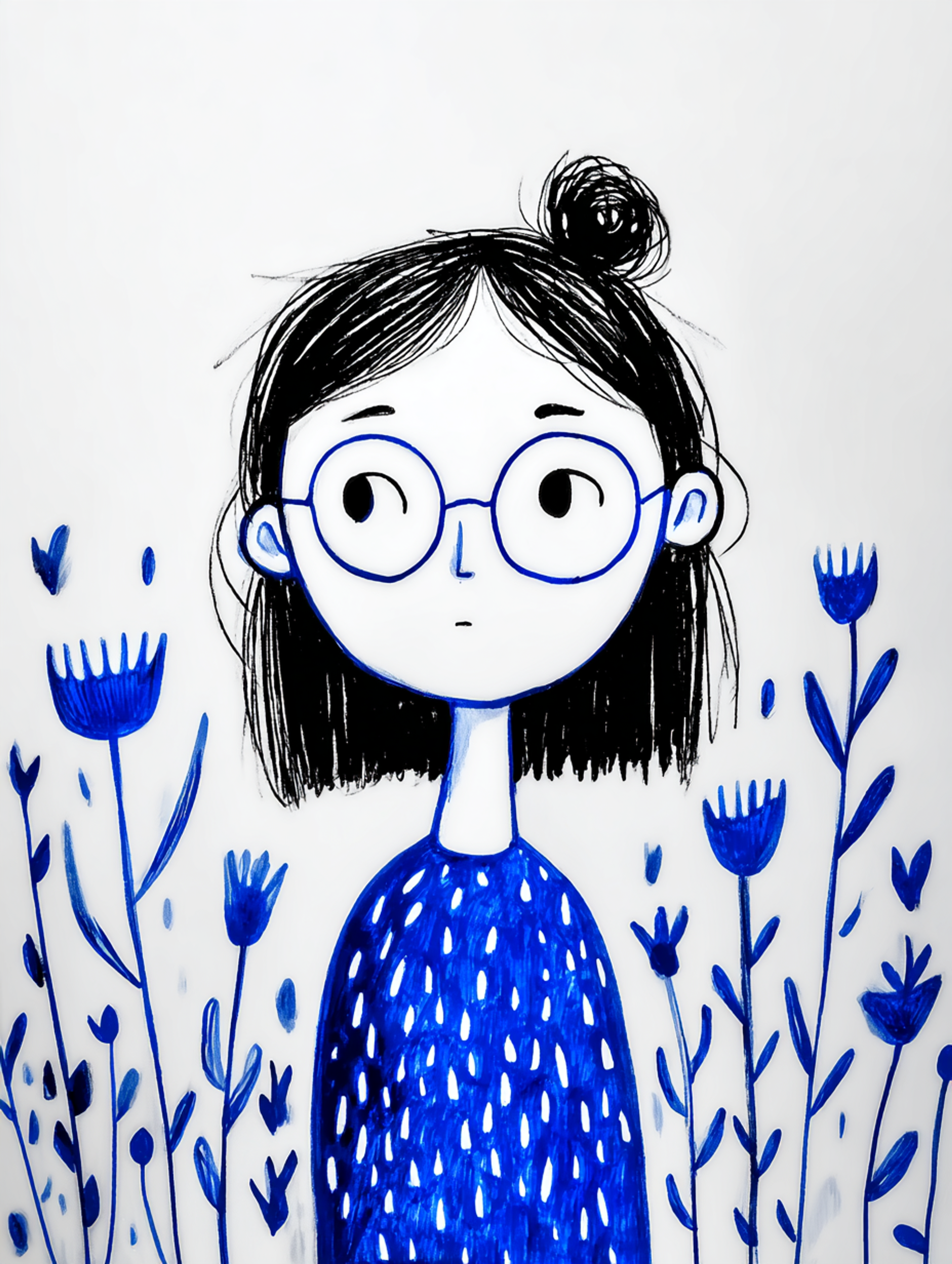 Naive Blue Ink Girl with Glasses Doodle