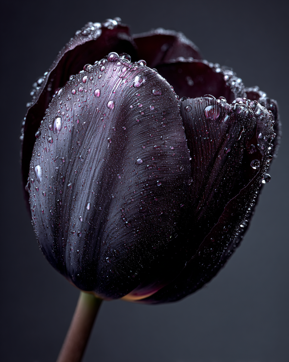 Hyperrealistic Black Tulip Covered in Rain Droplets Macro Portrait