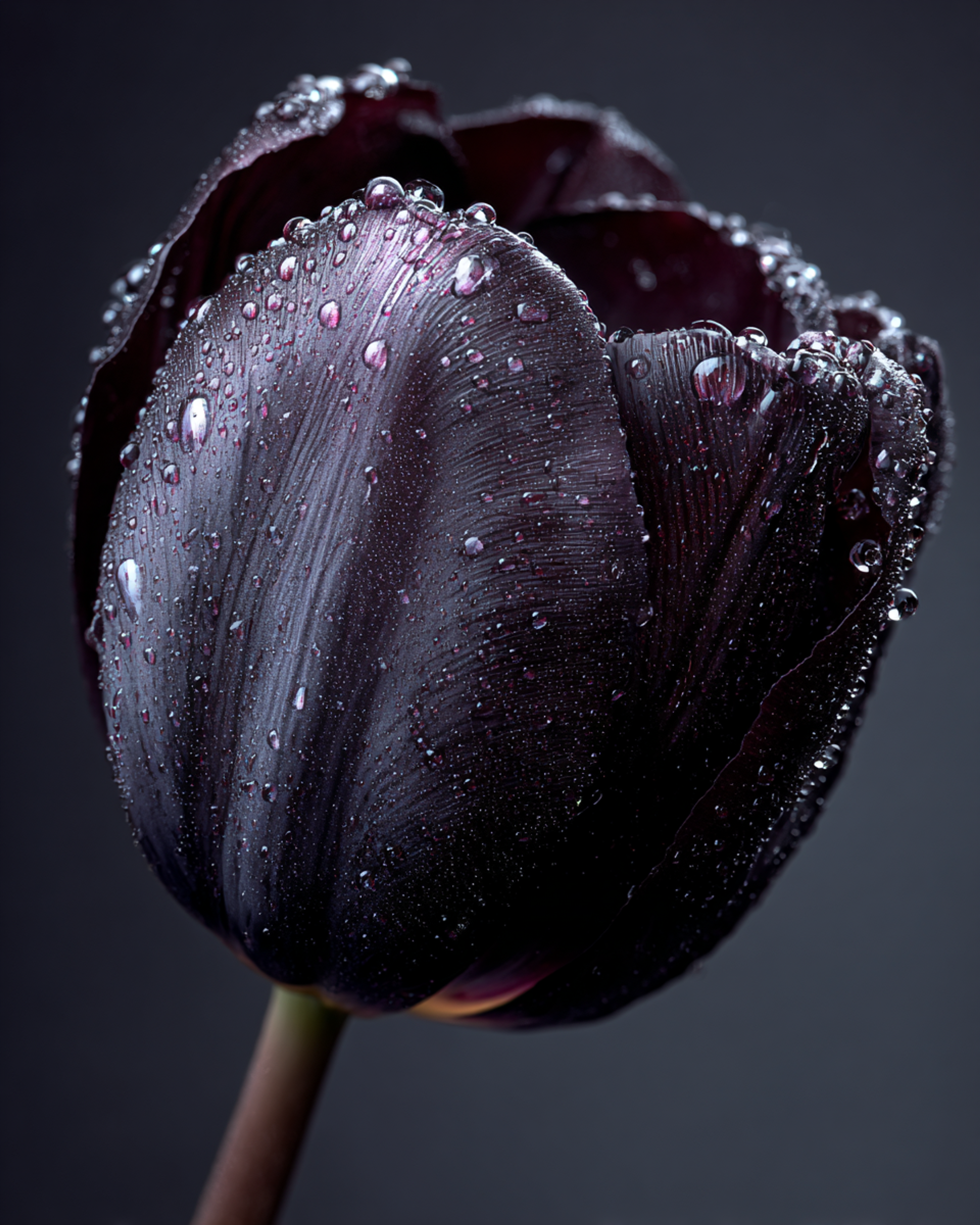 Hyperrealistic Black Tulip Covered in Rain Droplets Macro Portrait