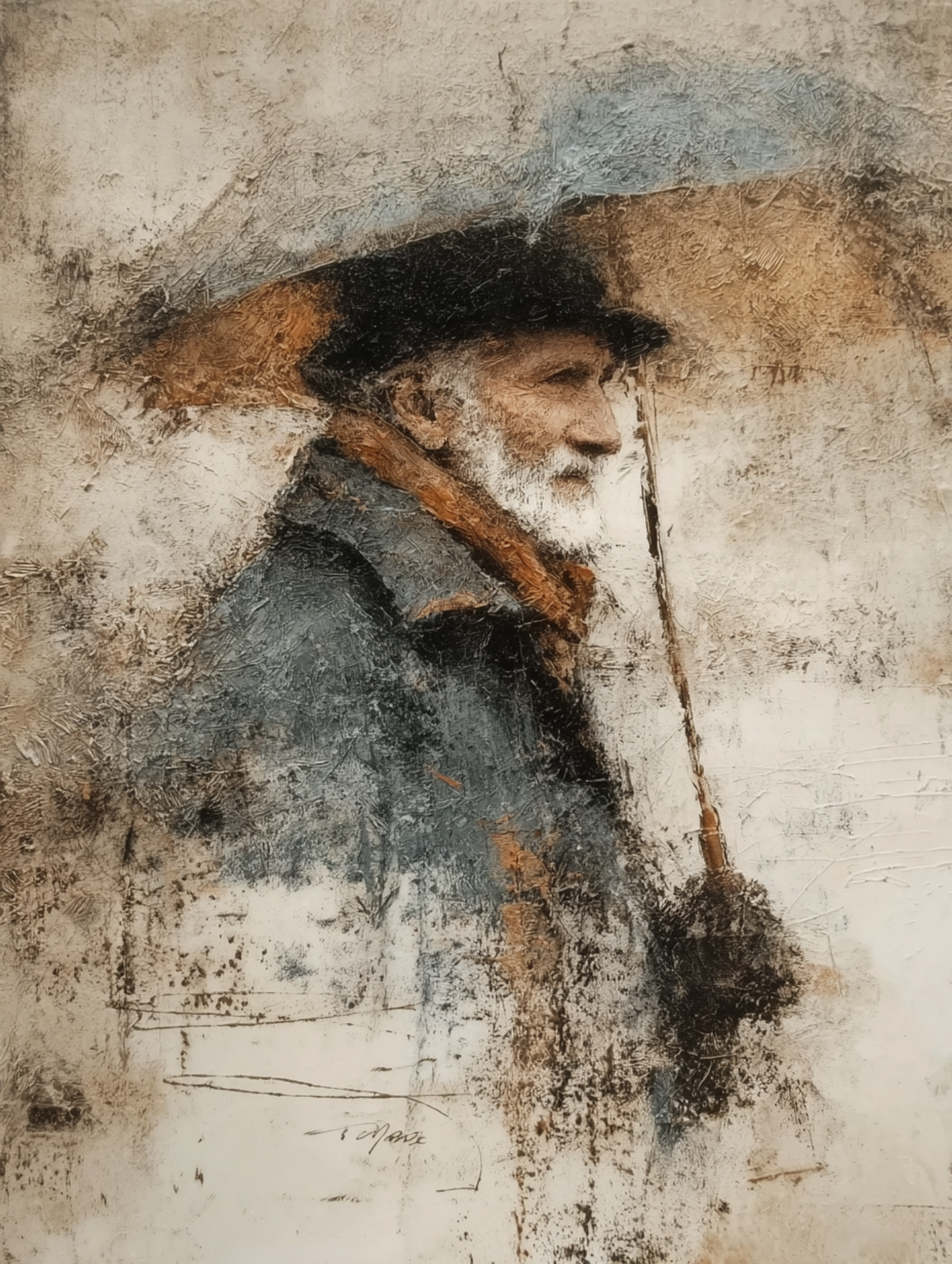 Painterly Impasto Elderly Man with Umbrella Painting