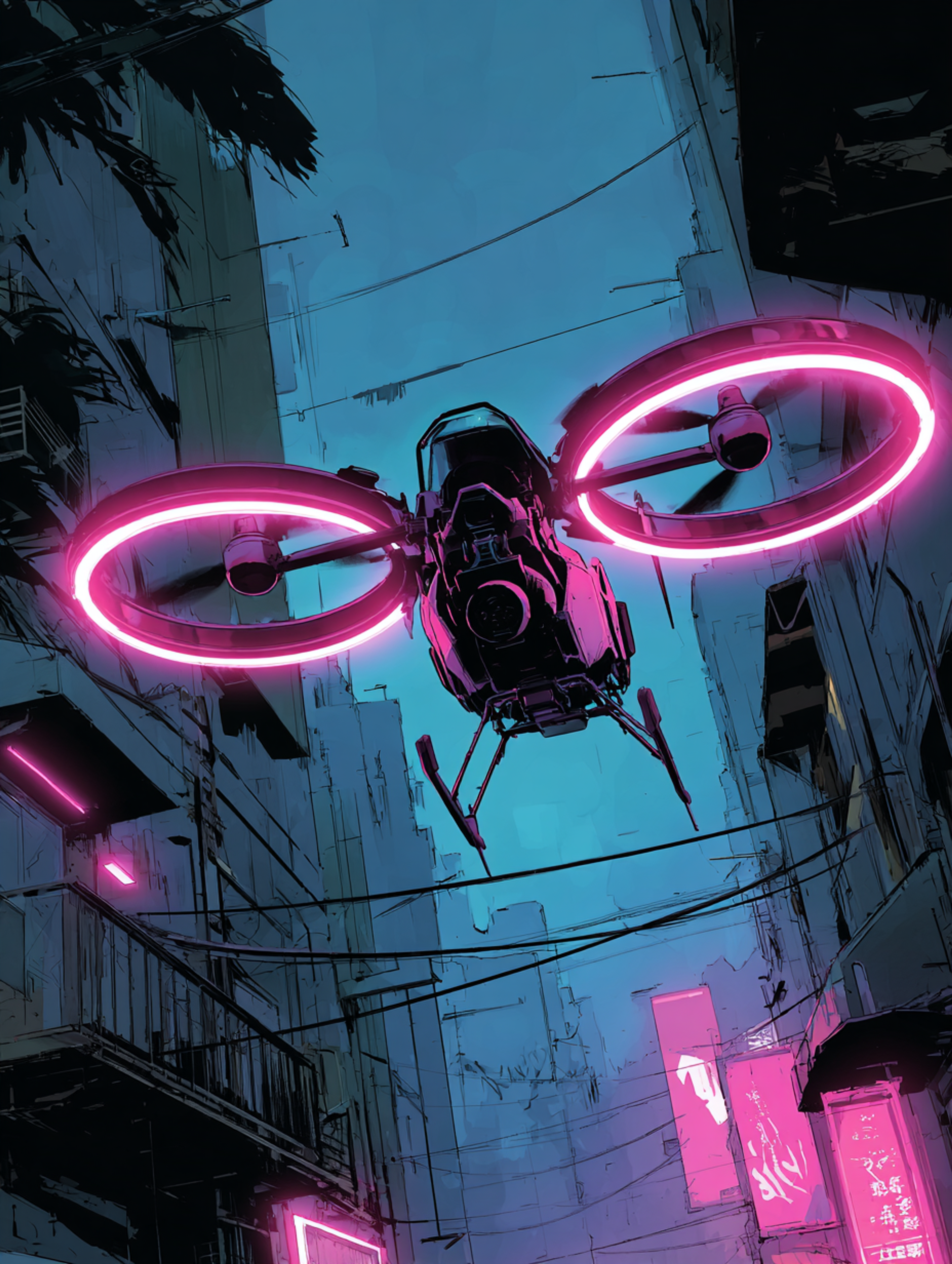 Vibrant Synthwave Hovering Drone Scene