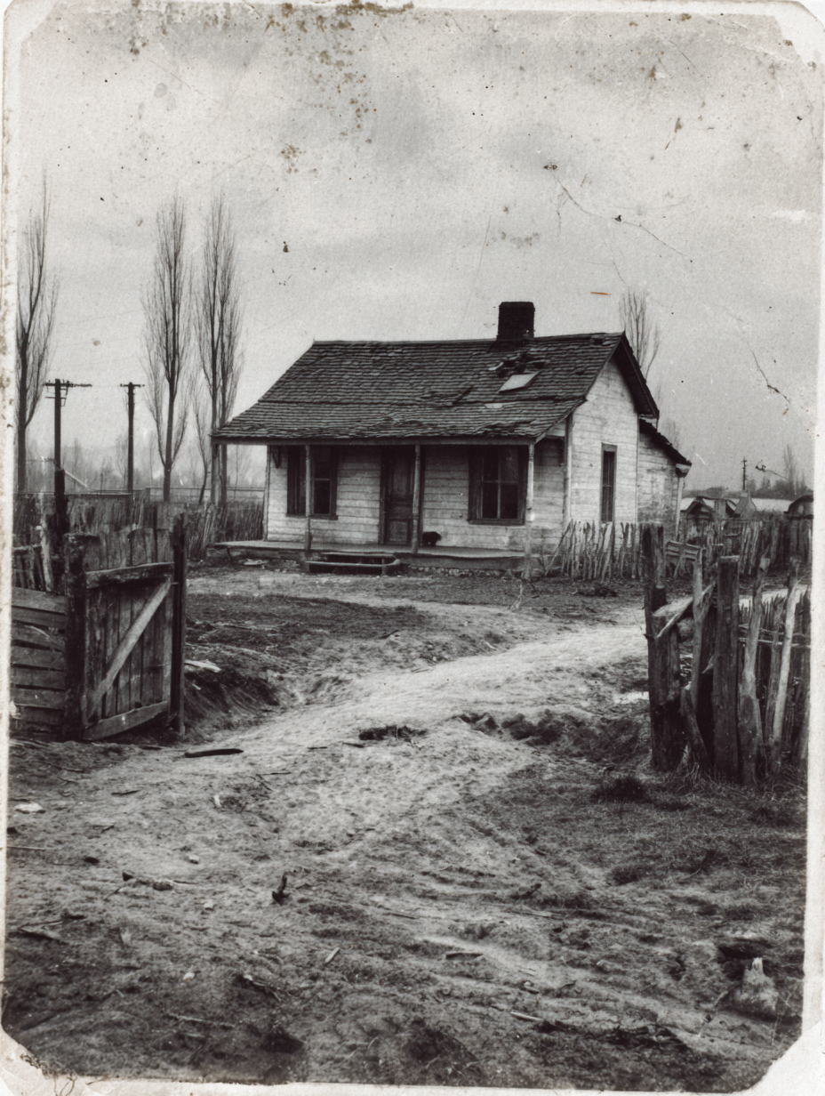 Antique Black and White Abandoned Farmhouse Photograph