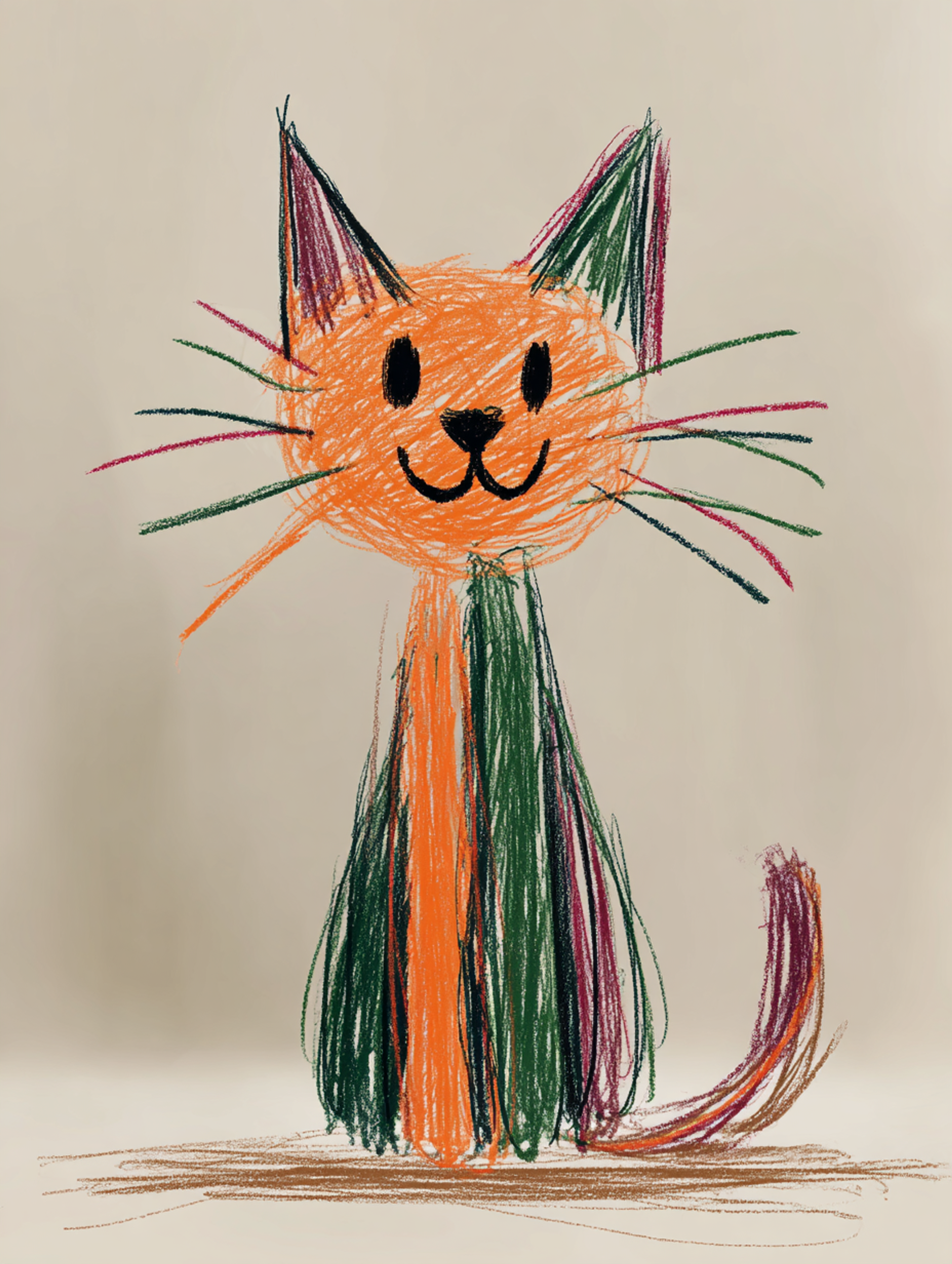 Naive Crayon Smiling Cat Drawing