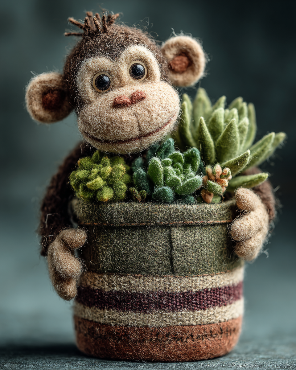 Chubby Felted Monkey Terracotta Pot Photo