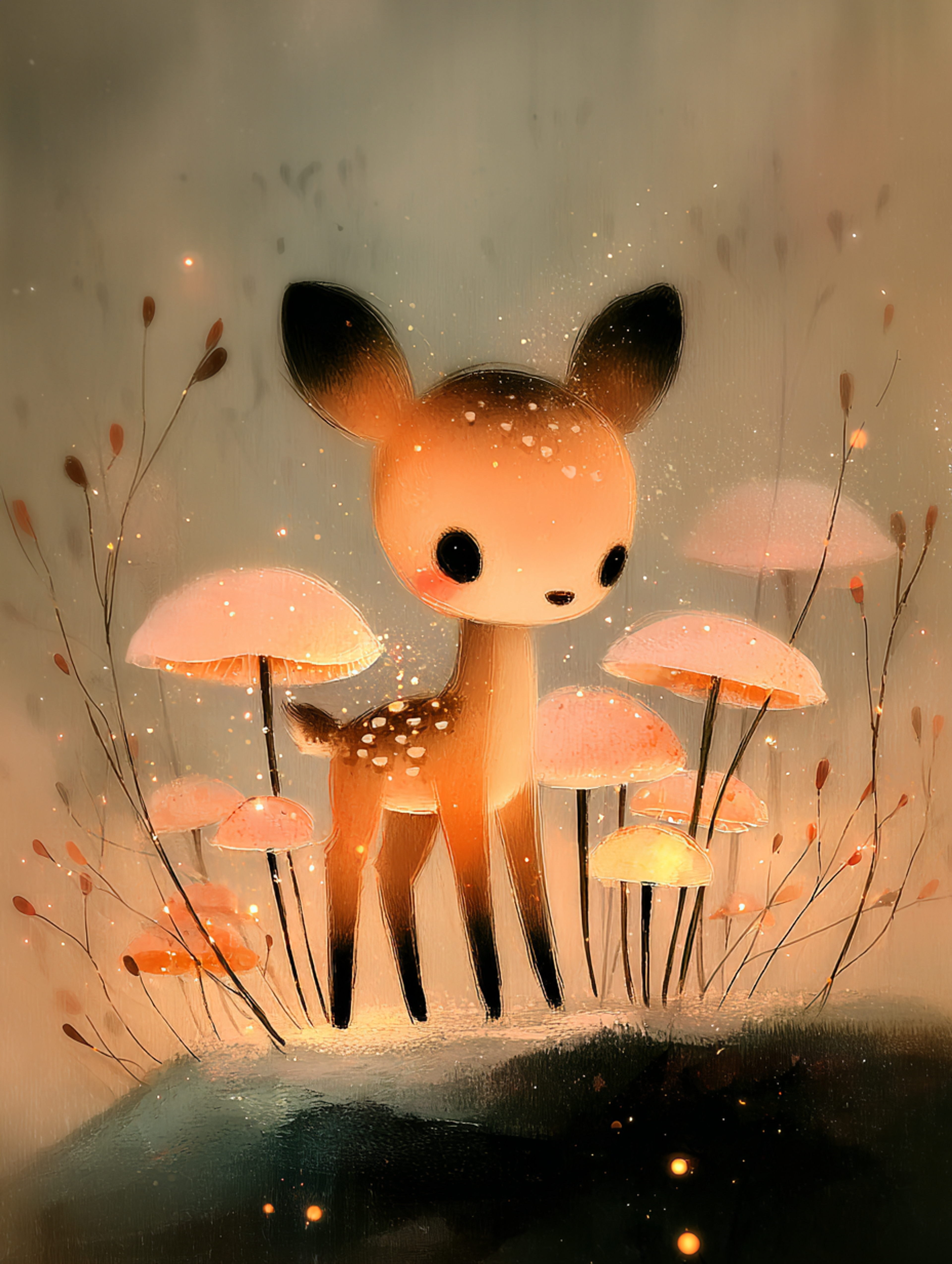 Dreamy Watercolor Fawn with Mushrooms Illustration