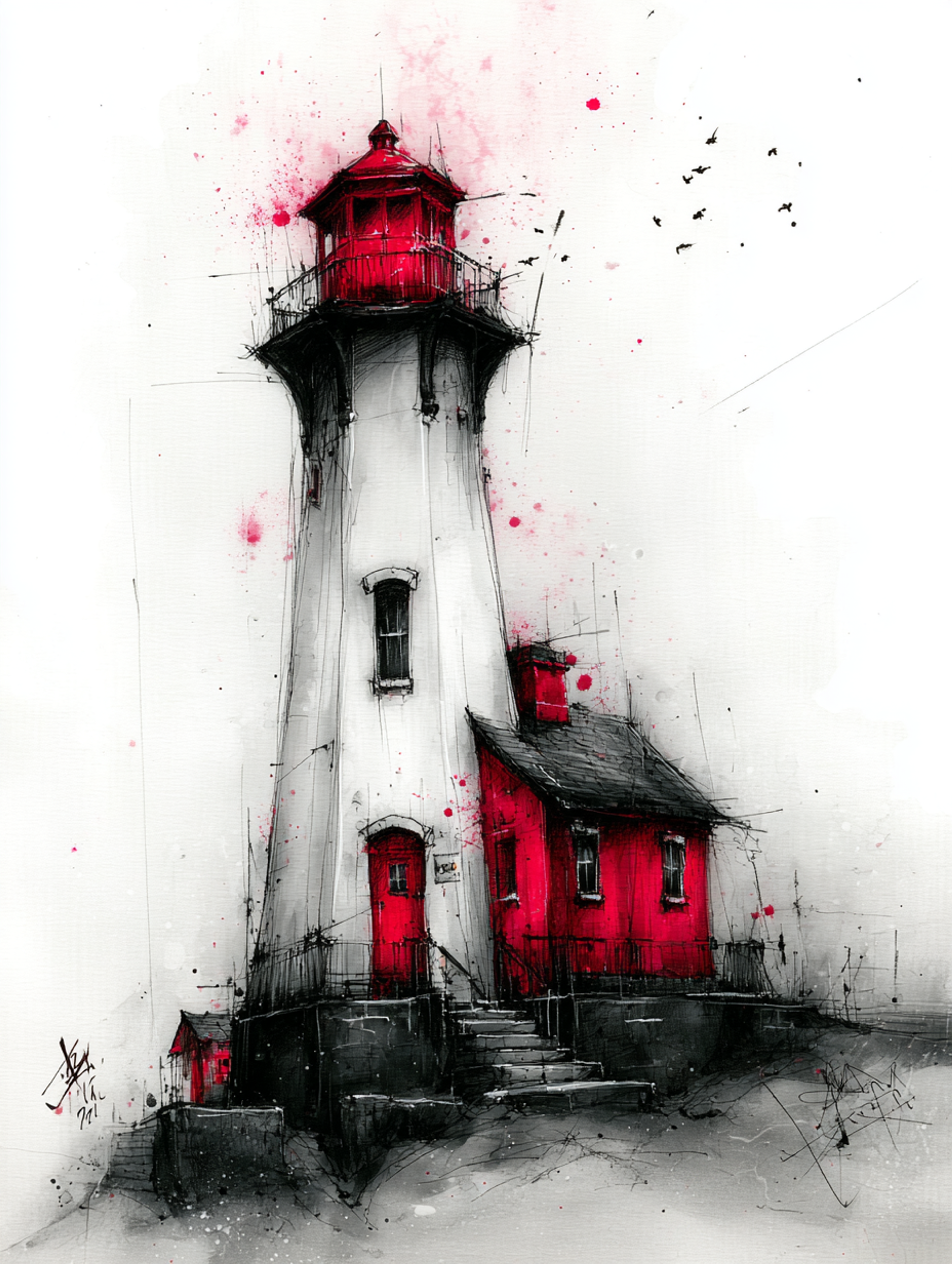 Monochrome Ink Watercolor Lighthouse Painting