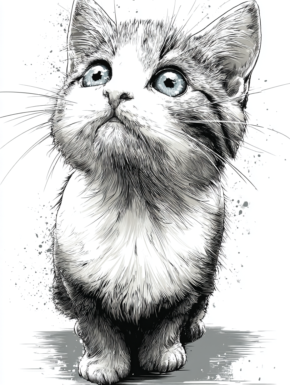 Graphite Pencil Cute Cat Illustration