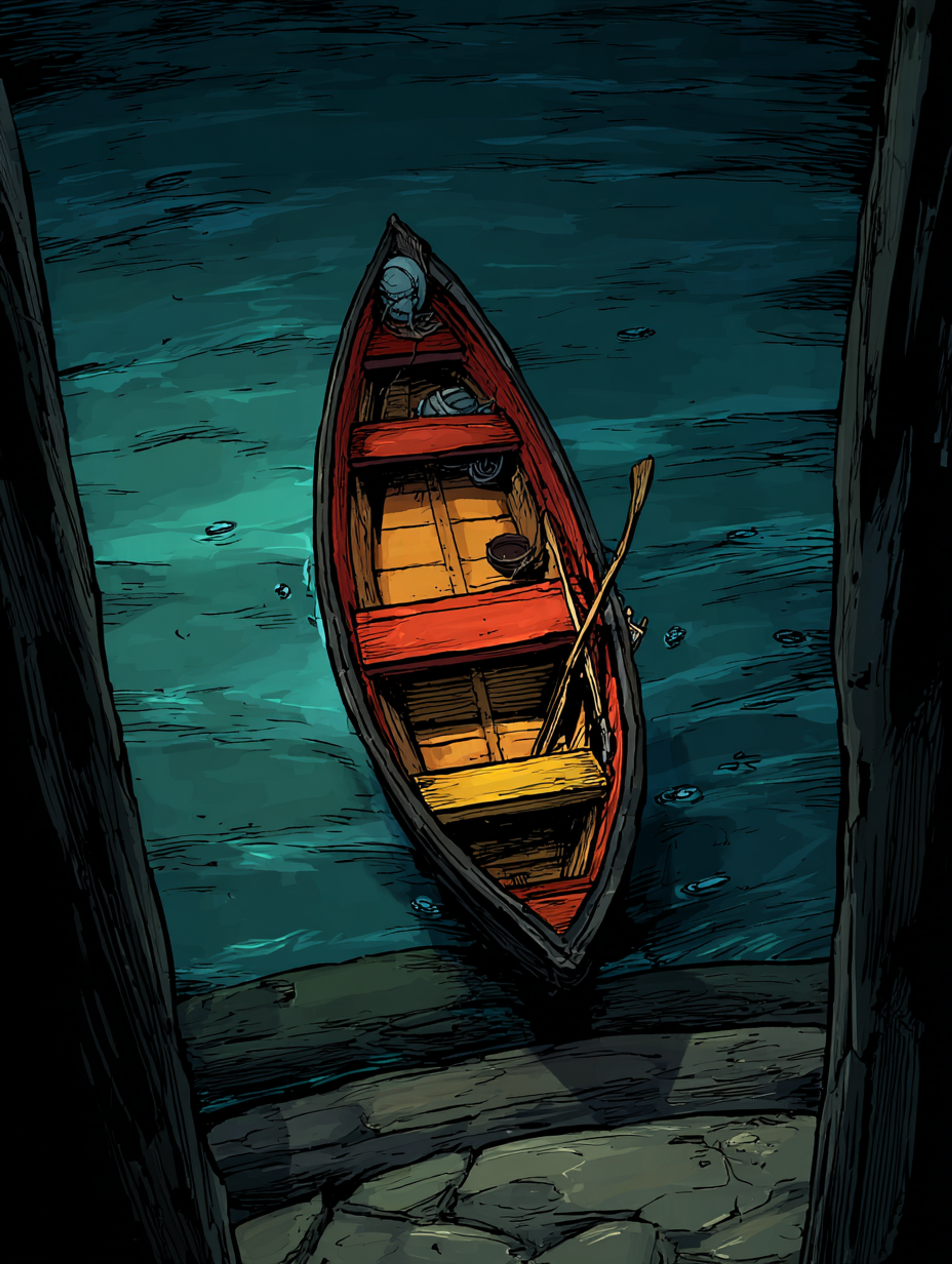 Dark Comic Book Rowboat Illustration