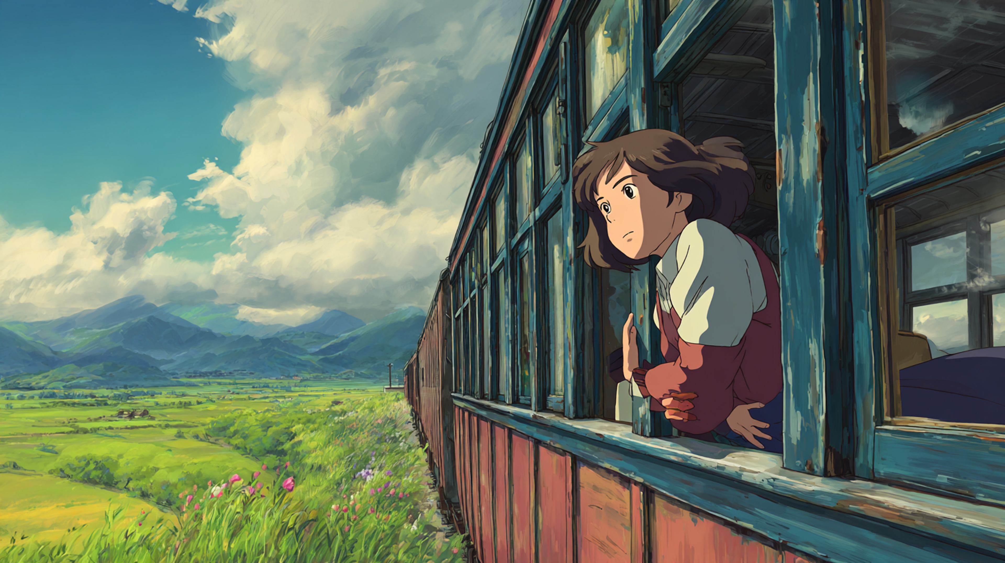 Ghibli Style Train Window Anime Scene