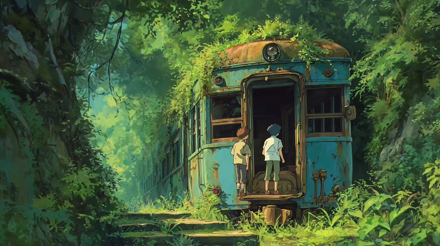 Ghibli Style Abandoned Train Car Scene