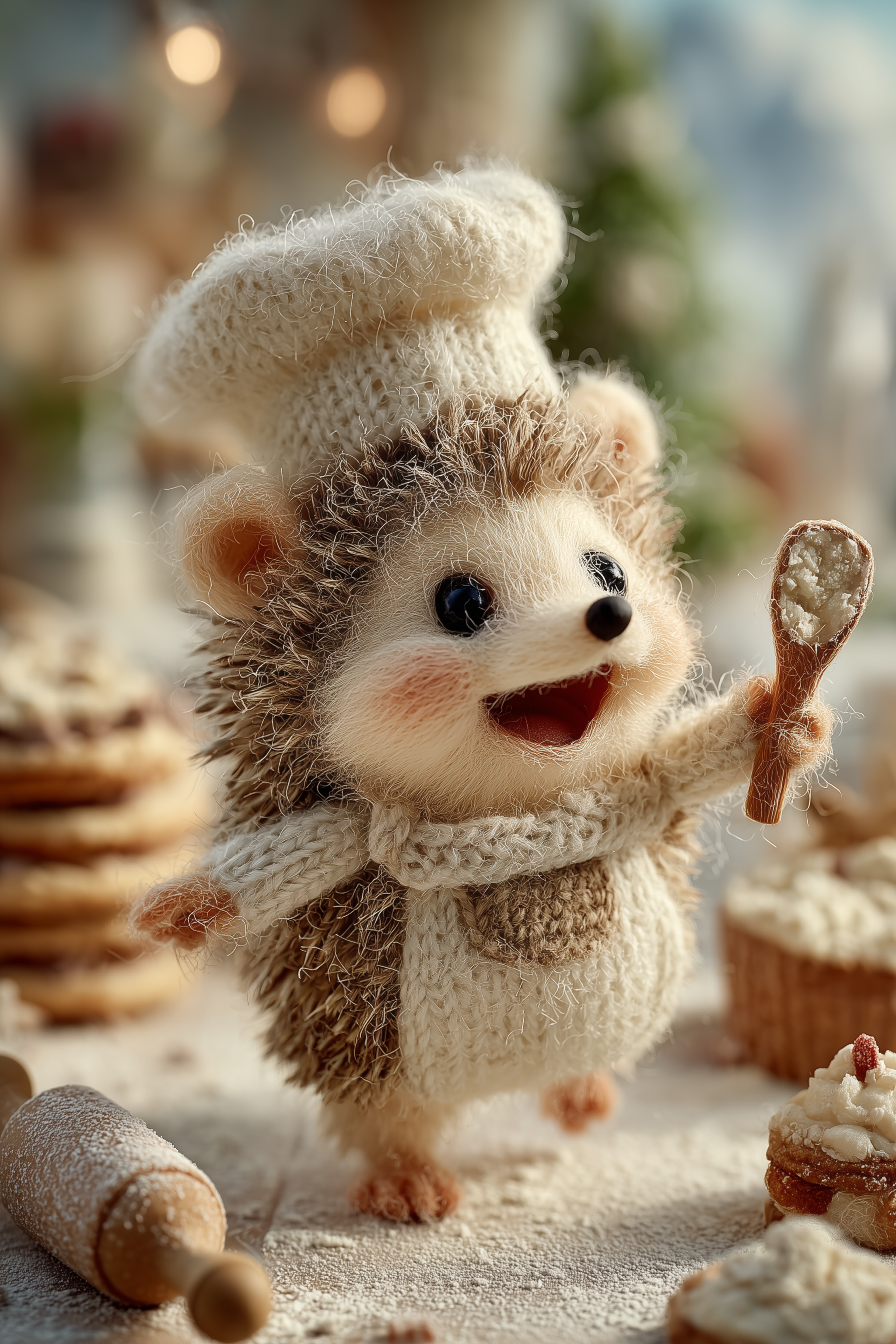 Tiny Wool Baby Hedgehog Baking Scene