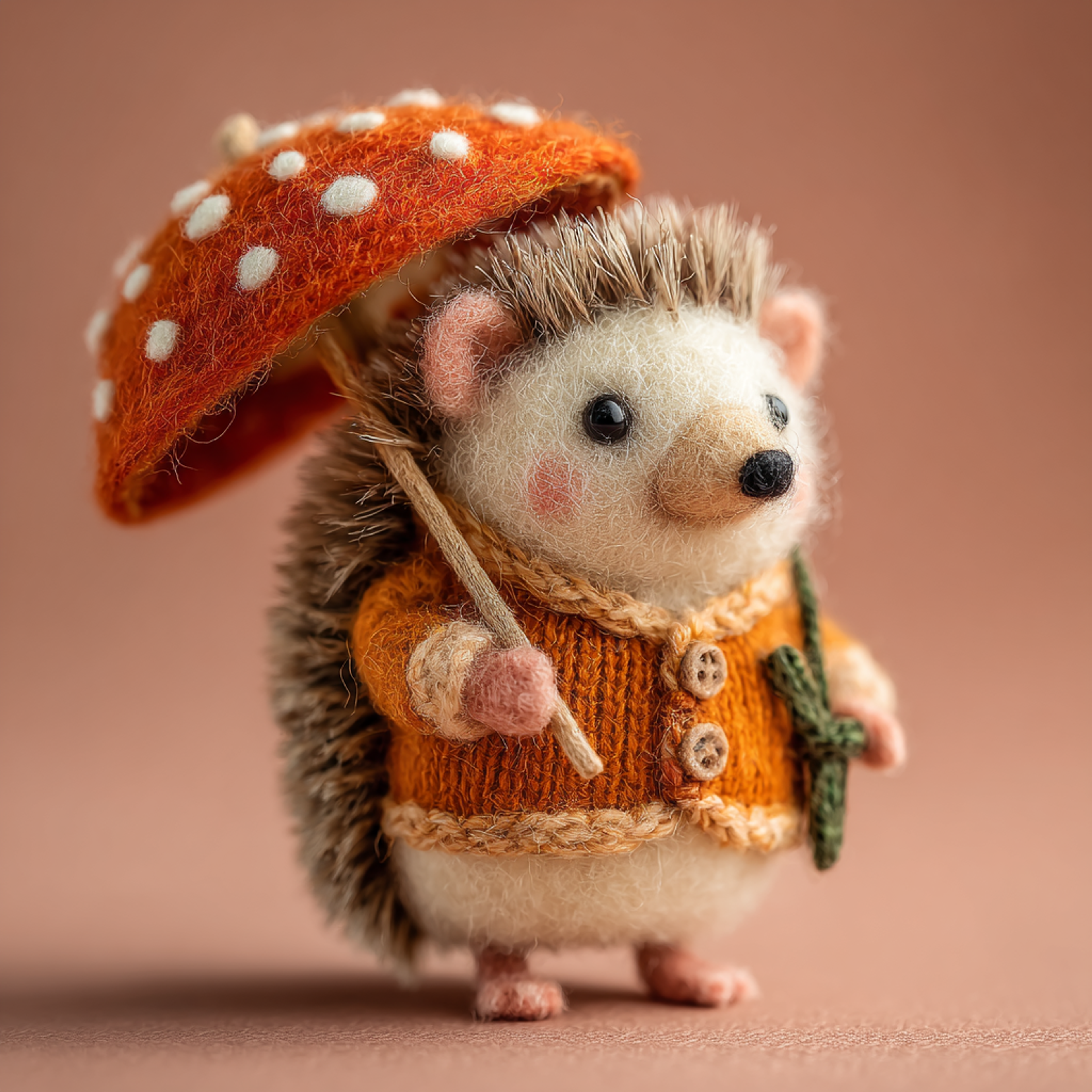 Tiny Felted Hedgehog with Mushroom Umbrella