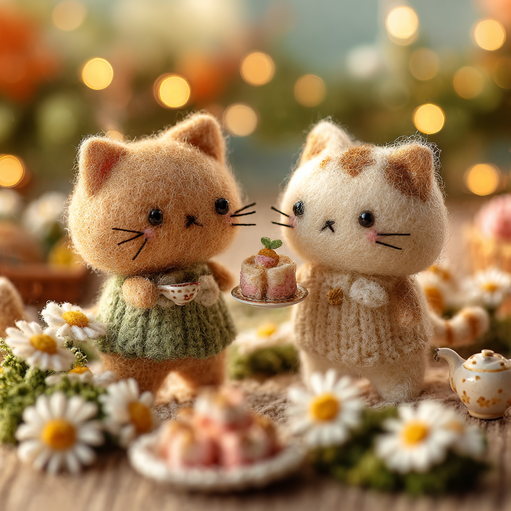 Miniature Felted Kittens Tea Party