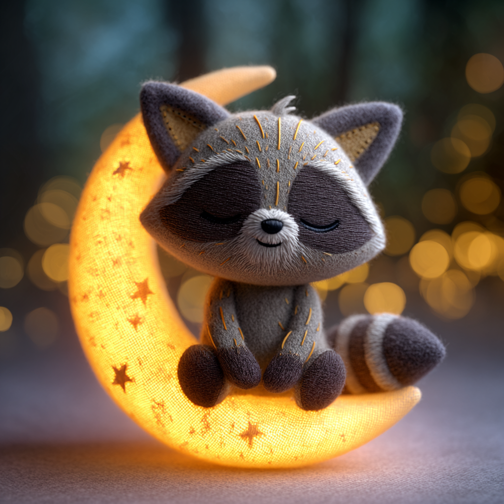Sleepy Chibi Raccoon Crescent Moon Plush