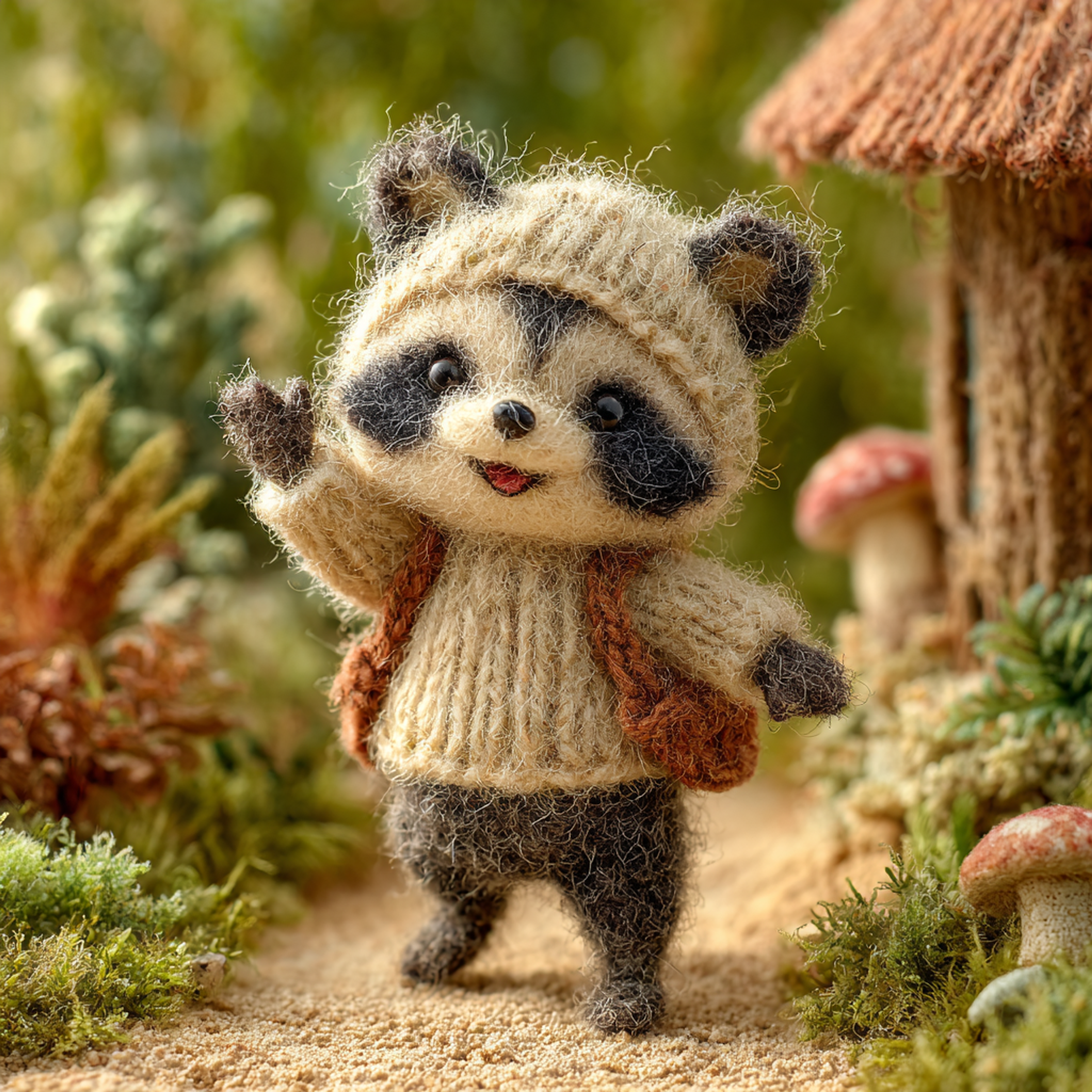 Charming Wool Figure of Baby Raccoon Diorama