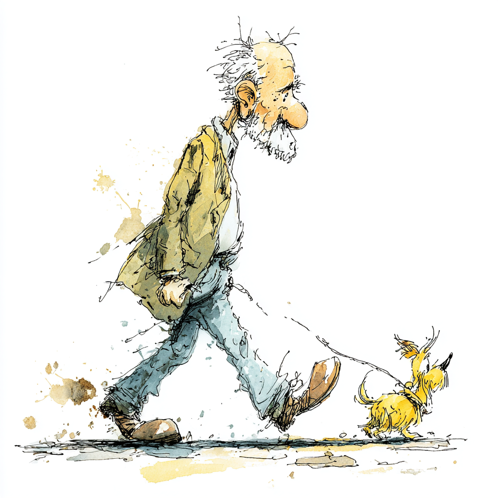 Ink Watercolor Grumpy Old Man Walking His Illustration